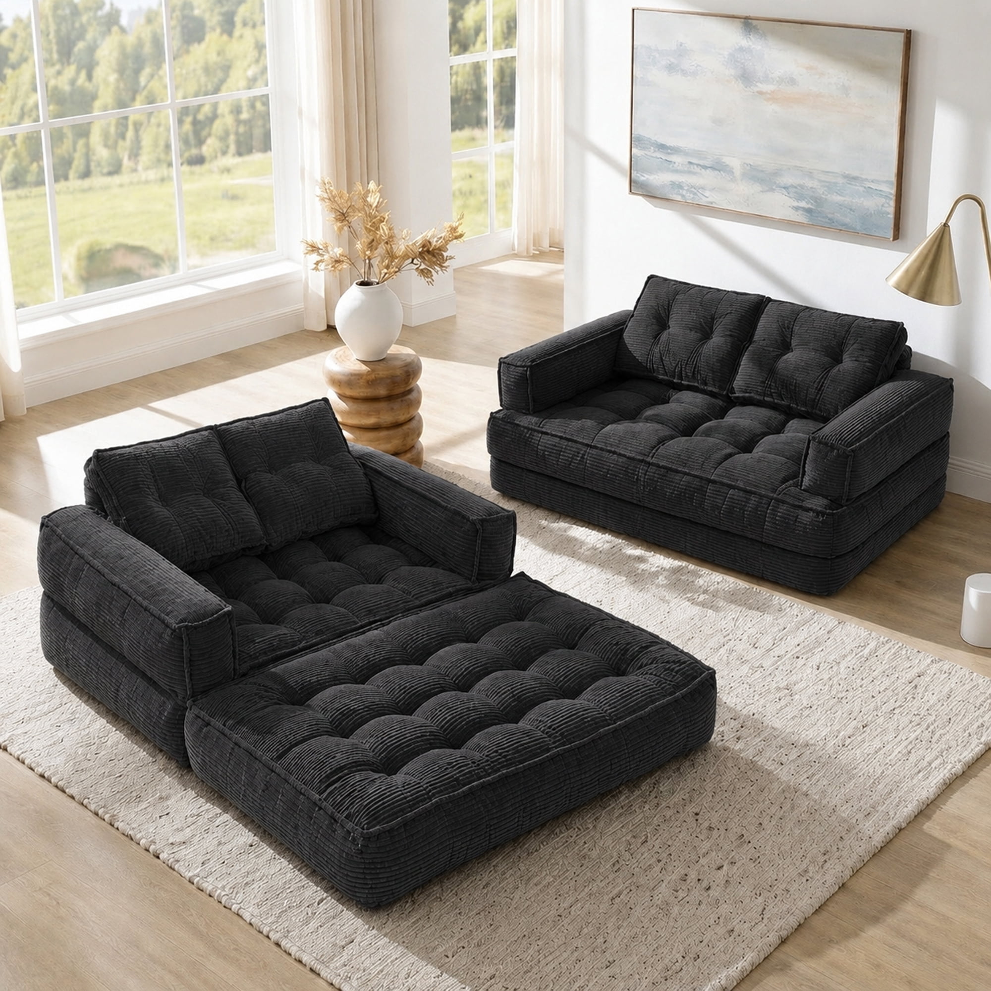 Leumius 2 Seater Modular Corduroy Sofa with Chaise Lounge,2-in-1 Boneless Convertible Floor Couch,Lazy Double Sofa with Armrest for Living Room Bedroom Apartment Game Guest Room,Black