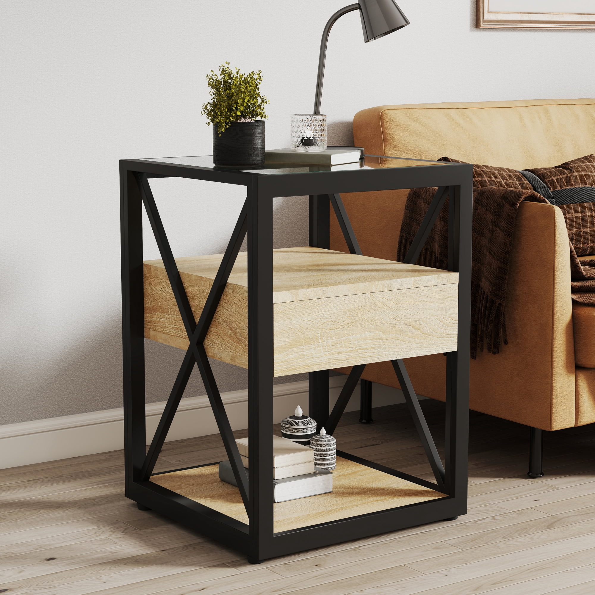 Leumius 2-Tier End Table with Drawer,Modern Nightstand Bedside Table for Living Room Bedroom,Wood