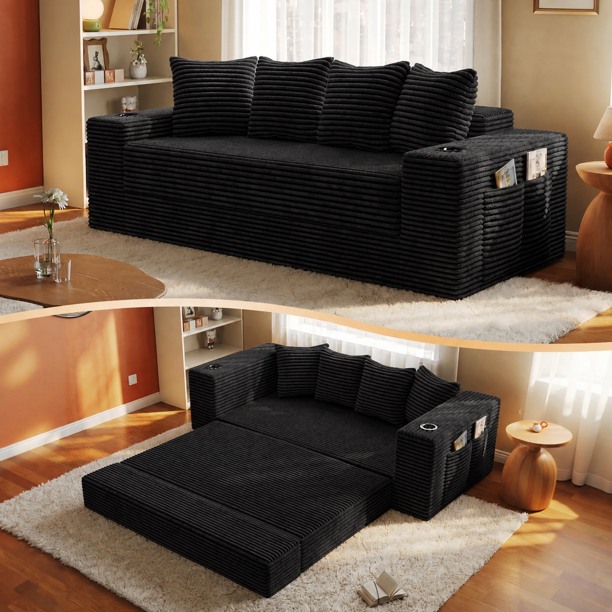 Leumius 2-in-1 Convertible Sofa Bed,Boneless Corduroy Modular Sleeper Couch with Cup Holders & Side Storage Pockets,Oversized Deep Seat Sofa for Living Room, Apartment, Guest Room,Black