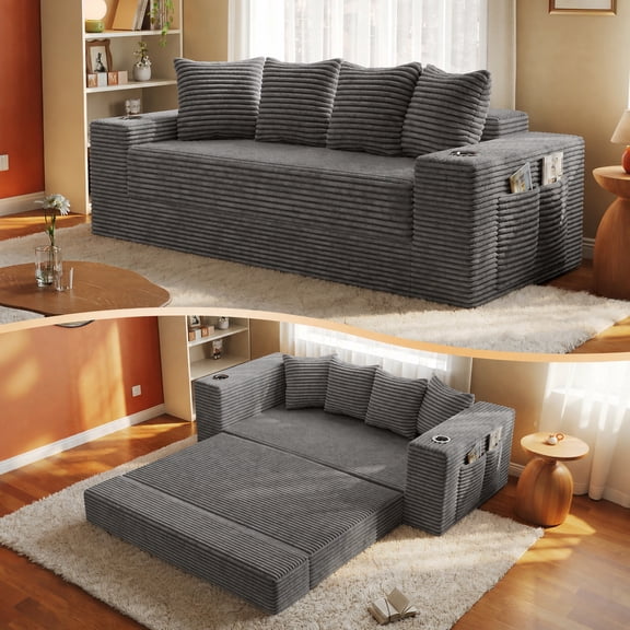 Leumius 2-in-1 Convertible Sofa Bed,Boneless Corduroy Modular Sleeper Couch with Cup Holders & Side Storage Pockets,Oversized Deep Seat Sofa for Living Room, Apartment, Guest Room,Gray