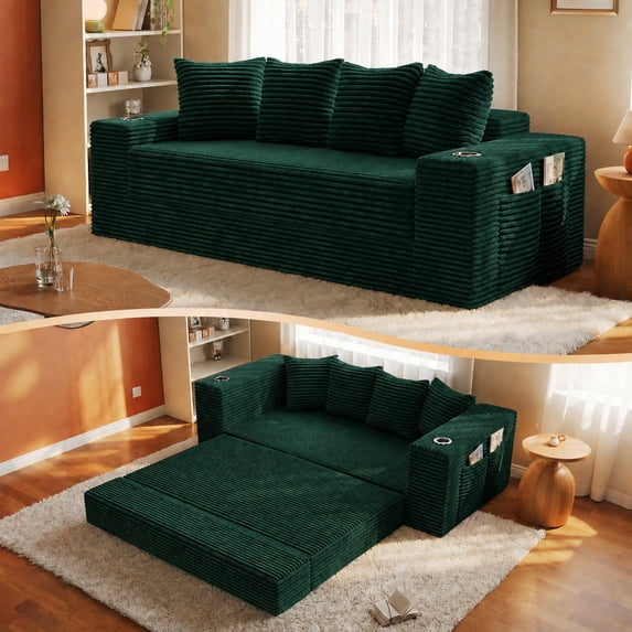 Leumius 2-in-1 Convertible Sofa Bed,Boneless Corduroy Modular Sleeper Couch with Cup Holders & Side Storage Pockets,Oversized Deep Seat Sofa for Living Room, Apartment, Guest Room,Green