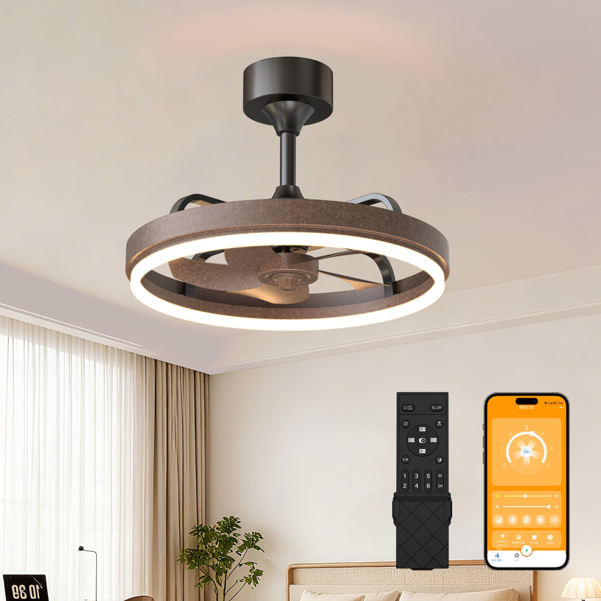 Leumius 20.5" Rustic Brown Ceiling Fans with Lights Remote & APP Control, Downrod Mount Dimmable LED Fandelier, 6 Speeds Quiet DC Motor, Modern Ceiling Fan for Bedroom Living Room
