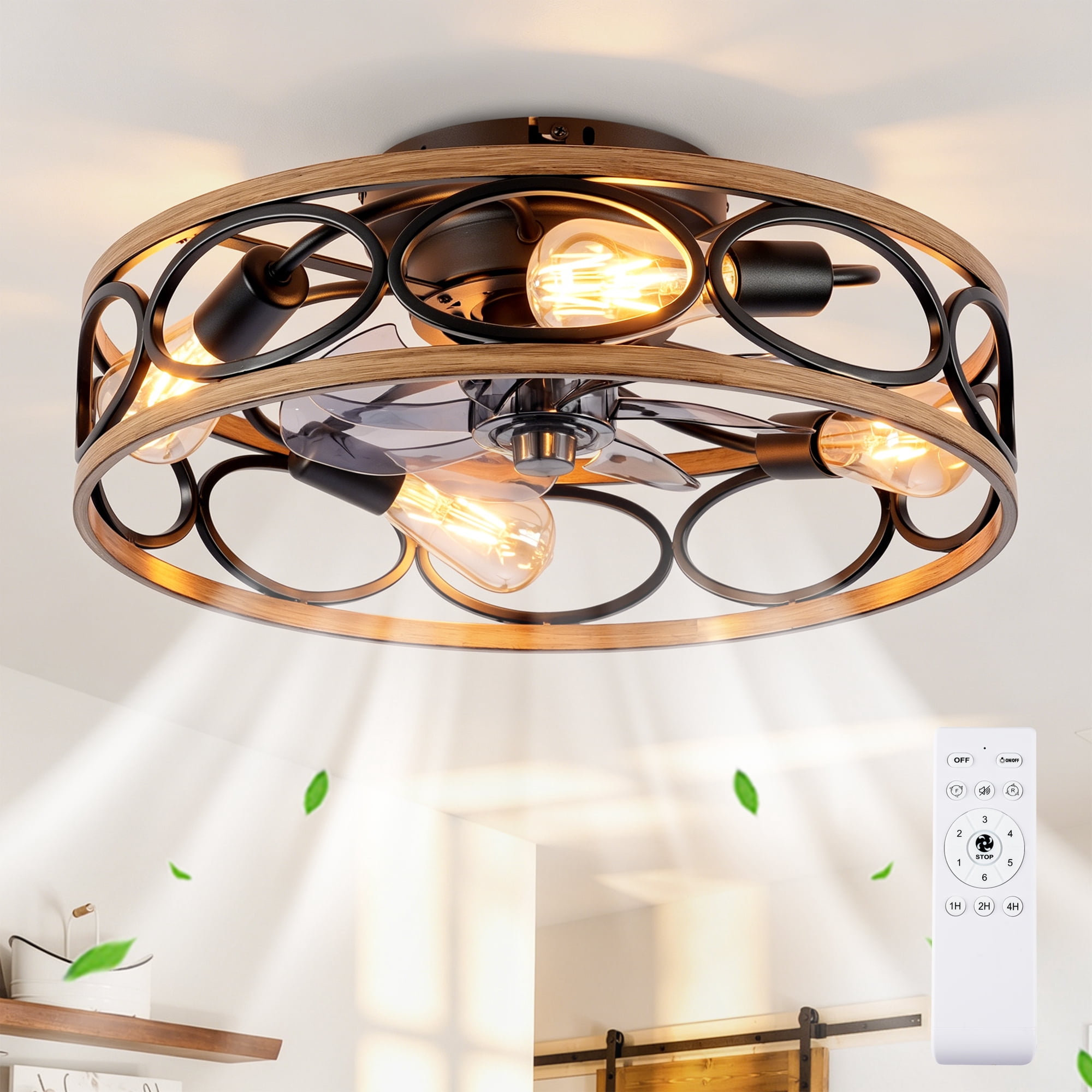 Leumius 20" 7 Blades Caged Ceiling Fan with Light and Remote, Flush Mount Caged Ceiling Fan 6 Speed Reversible with Remote Control for Living Room Bedroom Dining Room (NOT Included Bulbs)