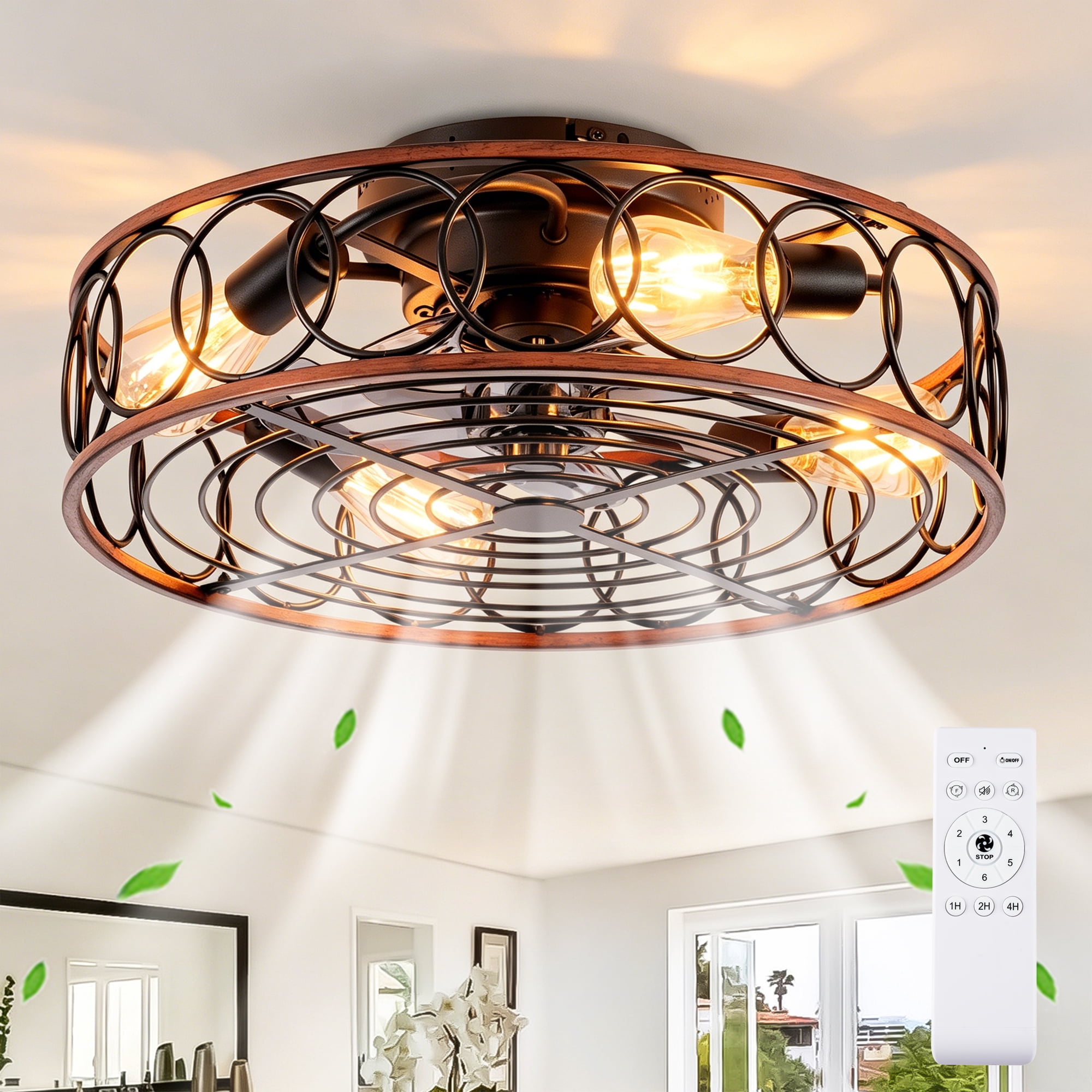 Leumius 20" Black Caged Ceiling Fan with Lights and Remote Control ,Reversible Motor, DC Remote Control,6 Speed Ceiling Fan for Living Room Bedroom Dining Room (NOT Included Bulbs)