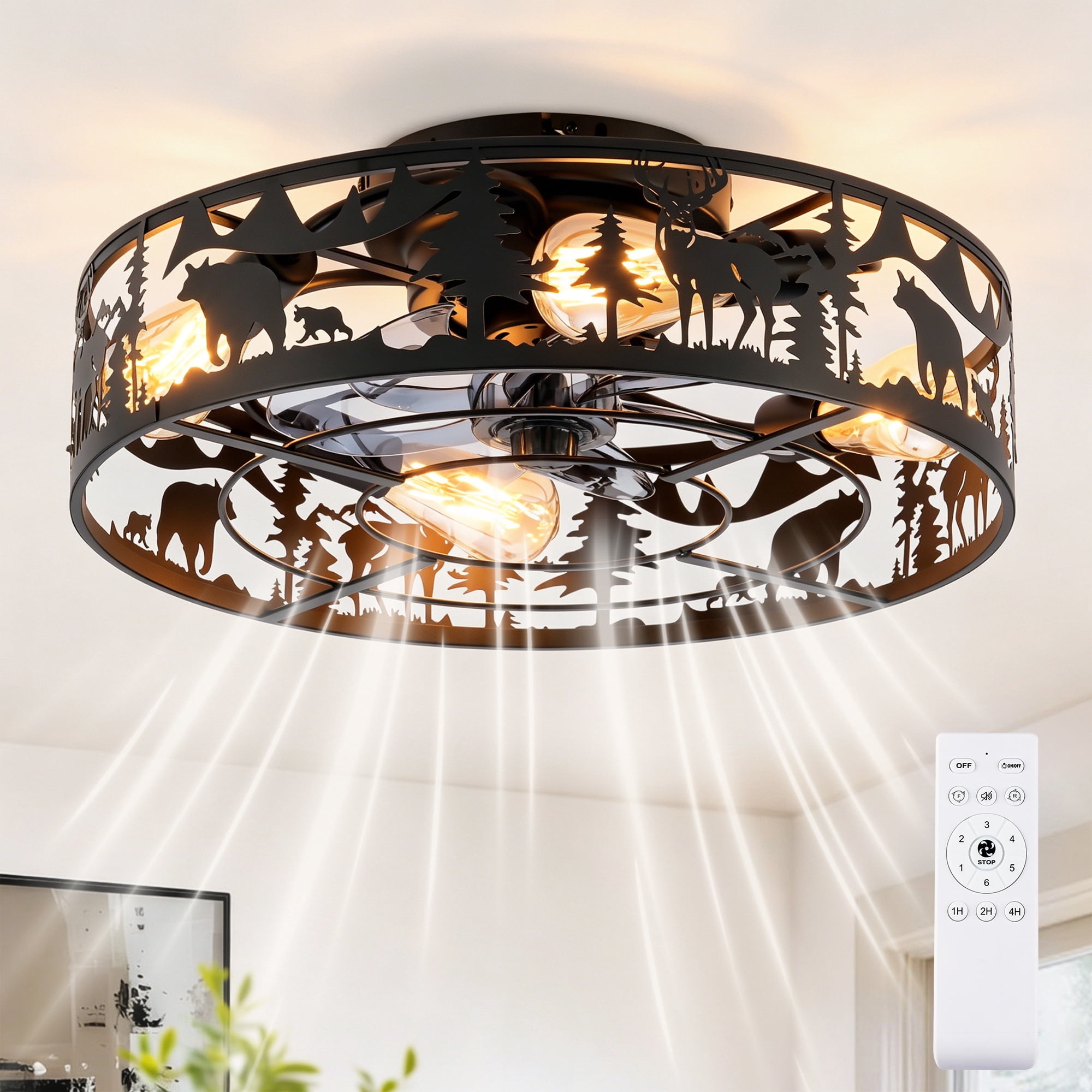 Leumius 20" Black Caged Ceiling Fans with Lights and Remote, Flush Mount Caged Ceiling Fan 6 Speed Reversible with Remote Control for Living Room Bedroom Dining Room (NOT Included Bulbs)