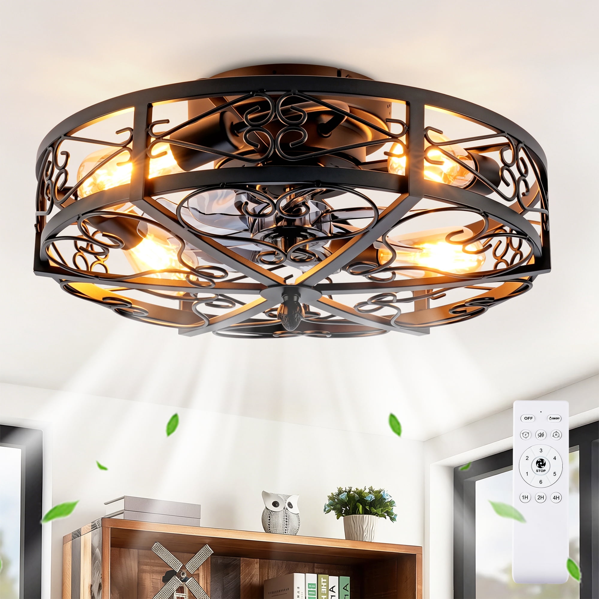 Leumius 20" Black Flush Mount Ceiling Fan with Light, Reversible Motor and DC Remote Control,6 Speed Ceiling Fan,Timing for Living Room Bedroom Dining Room(NOT Included Bulbs)