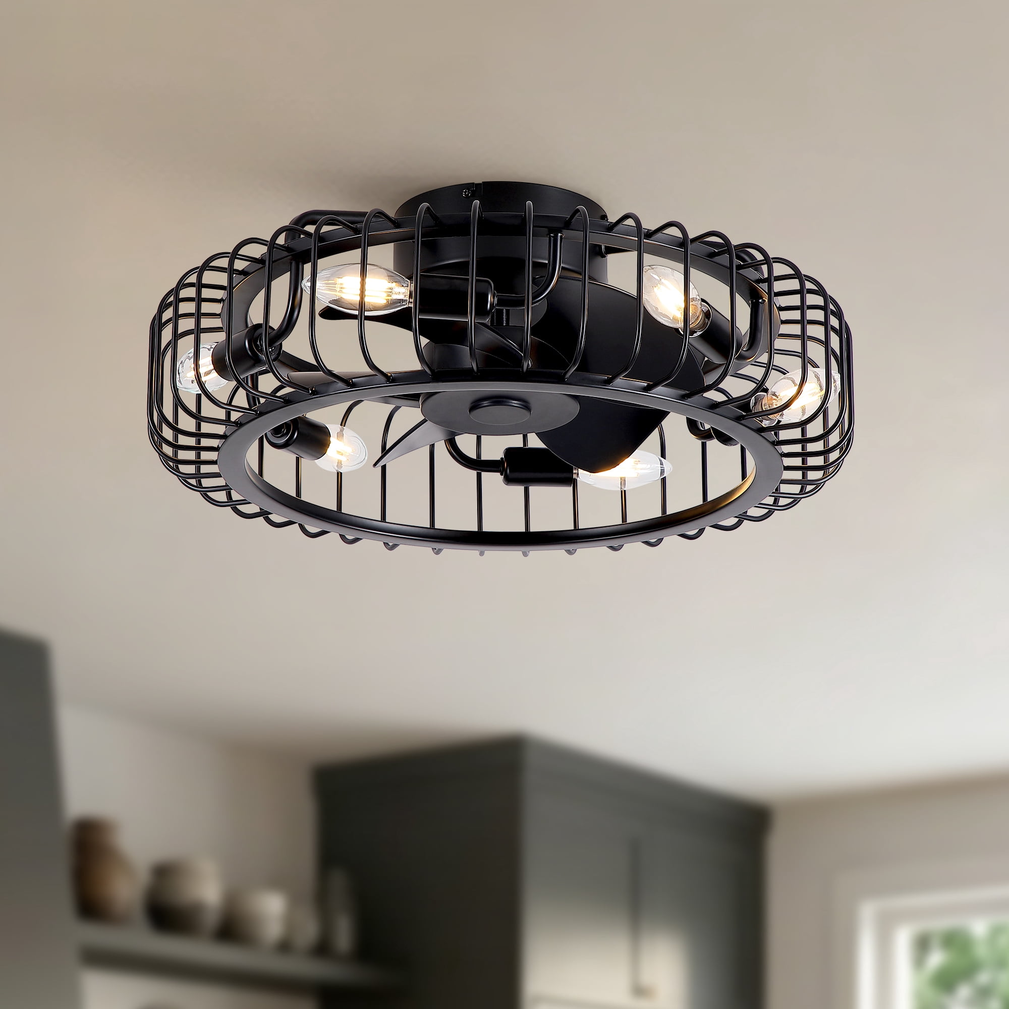 Leumius 20" Black Industrial Flush Mount Ceiling Fan with Lights, Low Profile Fandelier with E12 Sockets, Reversible DC Motor, 6 Speeds, Quiet Ceiling Fan for Bedroom Kitchen Dining Room Farmhouse