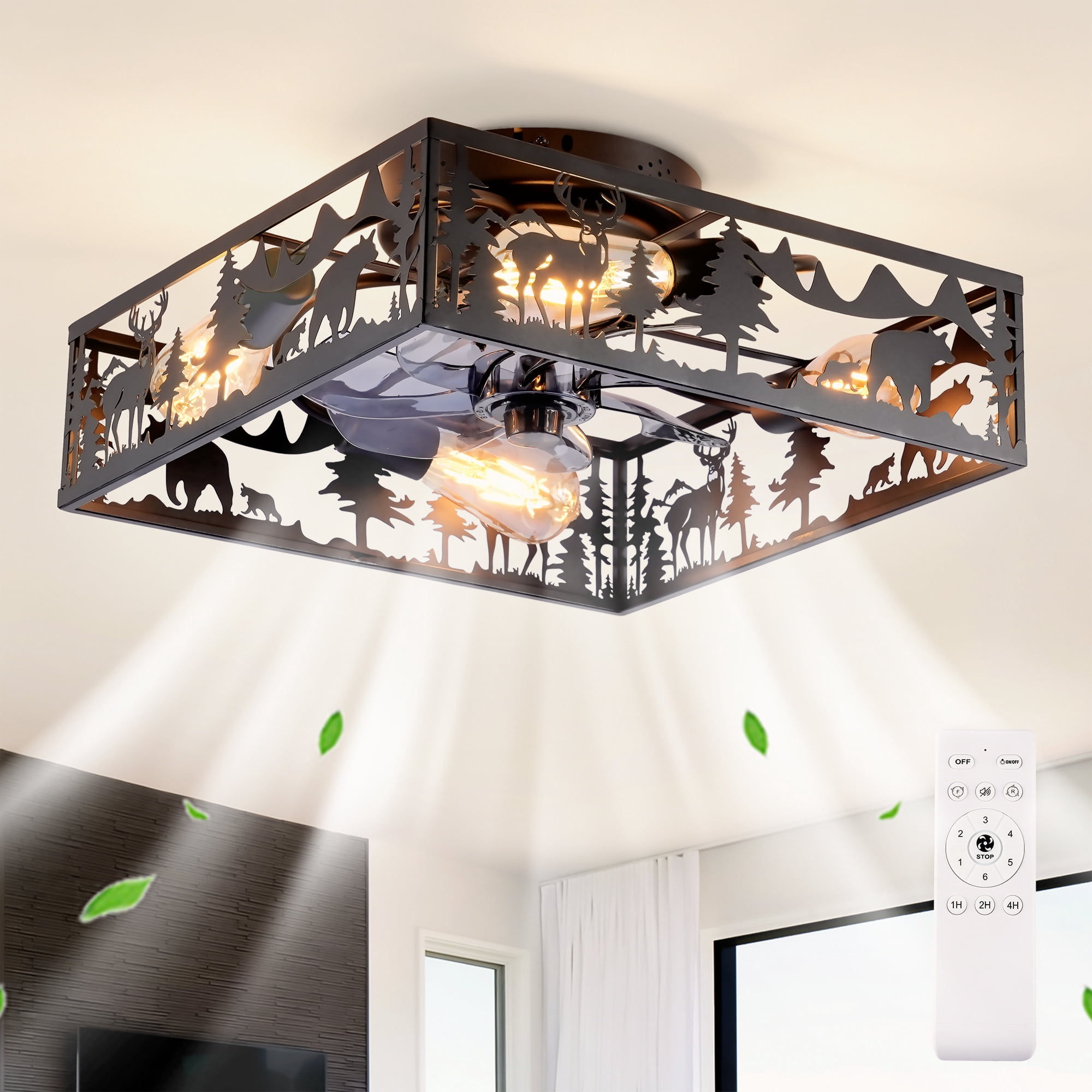 Leumius 20" Black Square Ceiling Fans with Lights and Remote, Flush Mount Square Ceiling Fan 6 Speed Reversible with Remote Control for Living Room Bedroom Dining Room (NOT Included Bulbs)