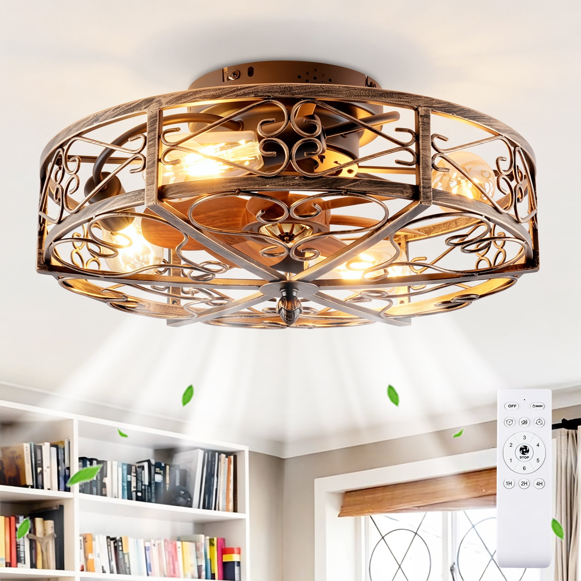 Leumius 20" Bronze Flush Mount Ceiling Fan with Light, Reversible Motor and DC Remote Control,6 Speed Ceiling Fan,Timing for Living Room Bedroom Dining Room(NOT Included Bulbs)