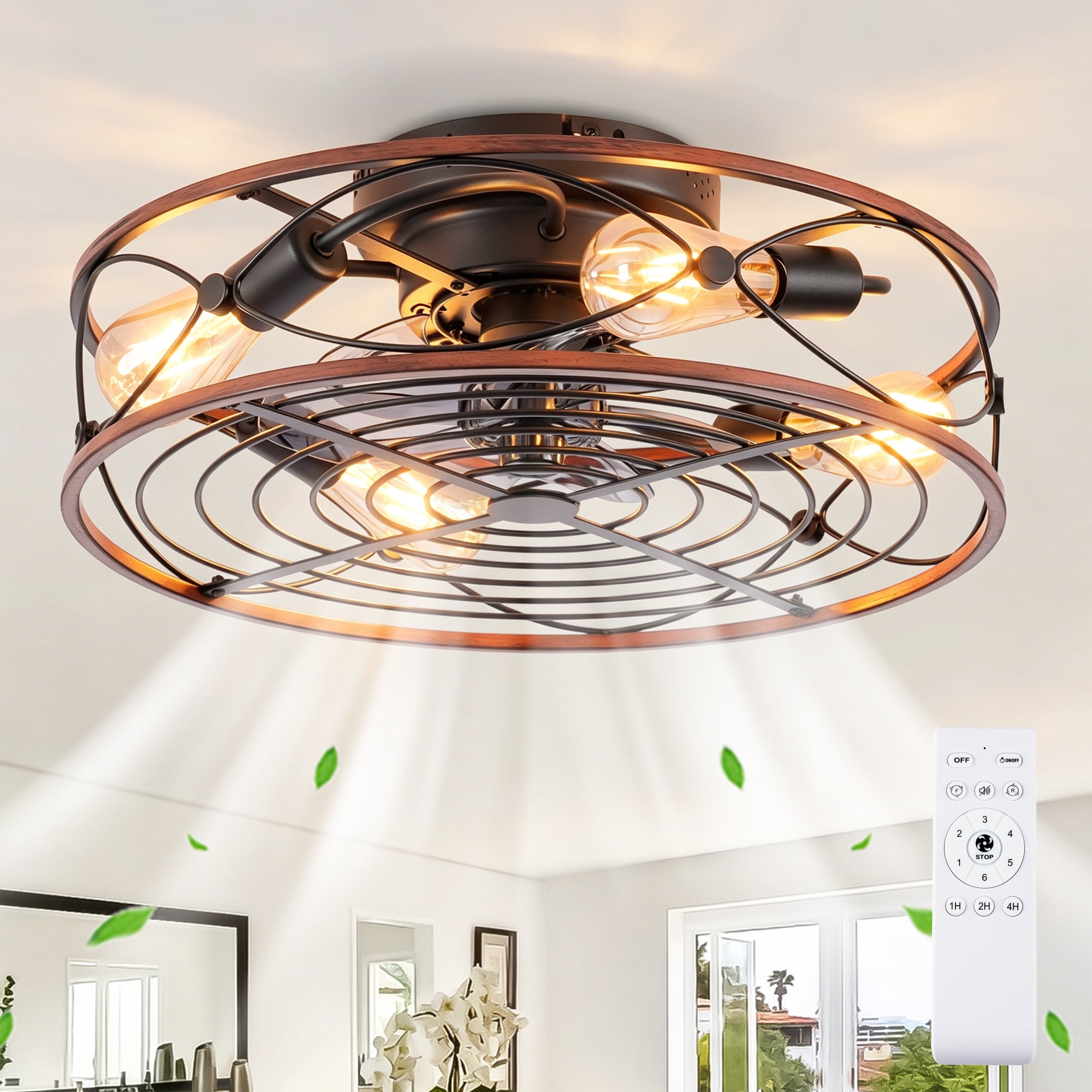 Leumius 20" Caged Ceiling Fan with Lights and Remote Control ,Reversible Motor, DC Remote Control,6 Speed Ceiling Fan for Living Room Bedroom Dining Room (NOT Included Bulbs)