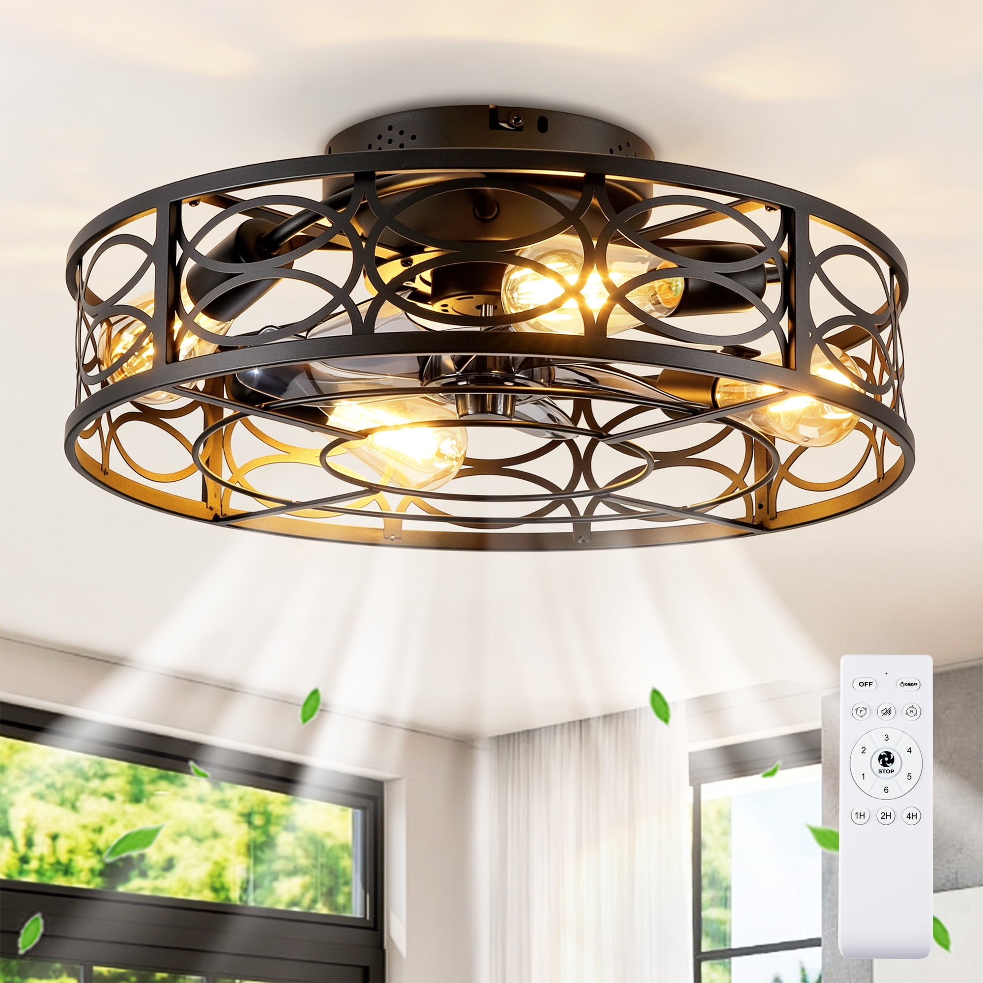 Leumius 20" Caged Ceiling Fans with Lights and Remote, Flush Mount Caged Ceiling Fan 6 Speed Reversible with Remote Control for Living Room Bedroom Dining Room Bronze (NOT Included Bulbs)