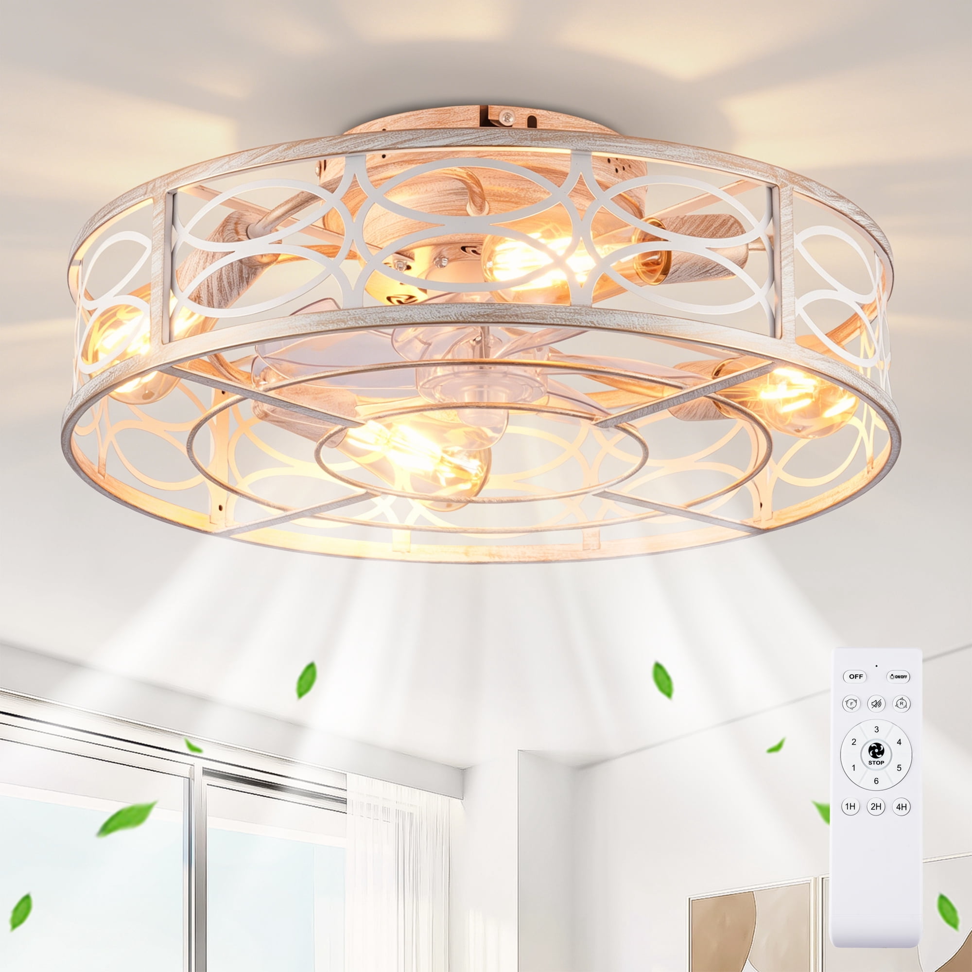 Leumius 20" Caged Ceiling Fans with Lights and Remote, Flush Mount Caged Ceiling Fan 6 Speed Reversible with Remote Control for Living Room Bedroom Dining Room White (NOT Included Bulbs)
