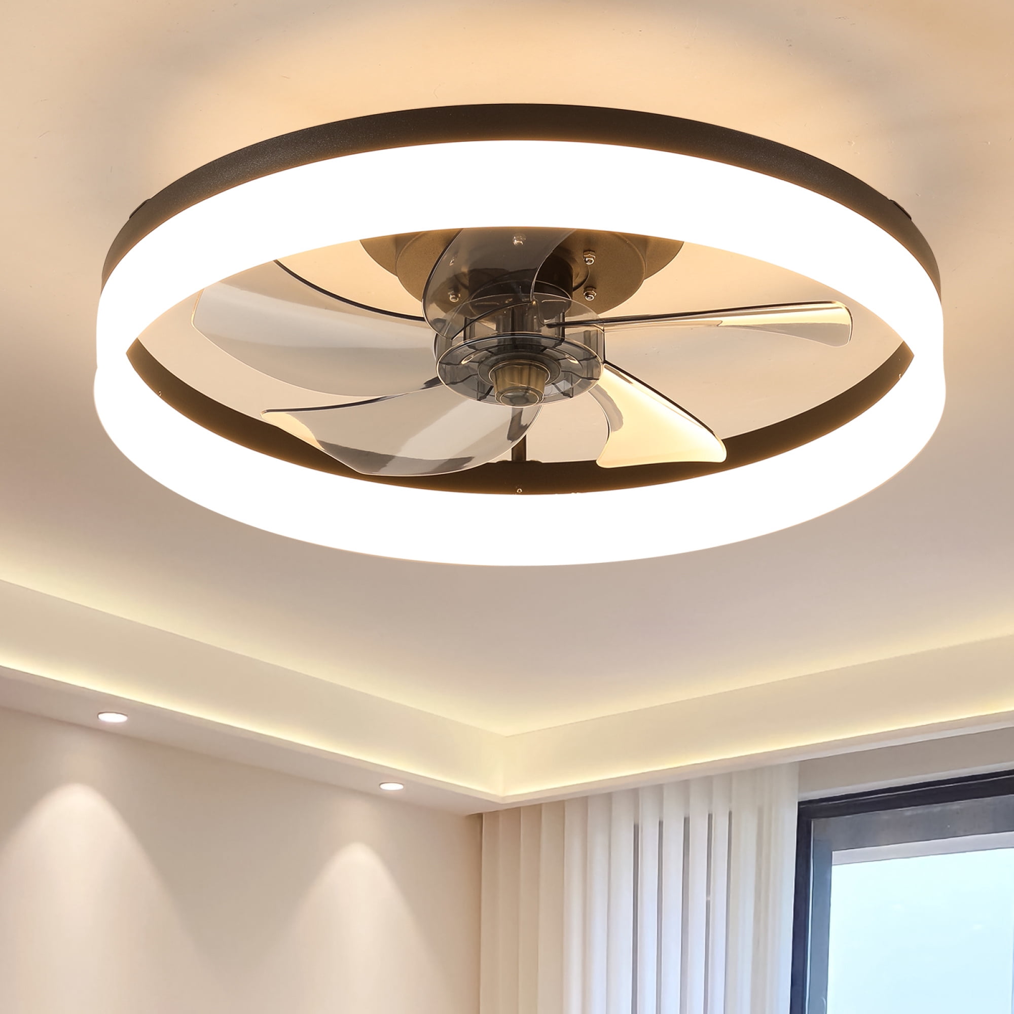 Leumius 20" Ceiling Fan with Light, Upgraded Low Profile Fan, Flush Mount Ceiling Fan, 6 Speeds, Dimmable LED, App & Remote Control, Quiet DC Motor, for Bedroom, Living Room,Black
