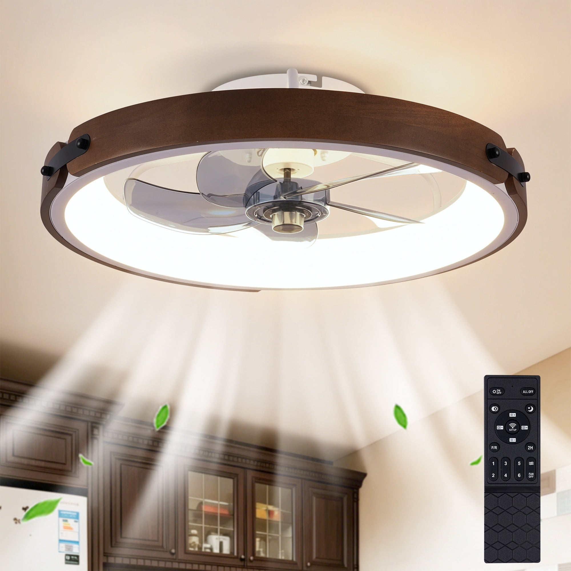 Leumius 20" Ceiling Fans with Light and Remote, 3000-6500K Dimmable Modern Flush Mount LED Fan Light, 6 Speeds, Quiet DC Motor for Living Room Bedroom Kitchen Brown
