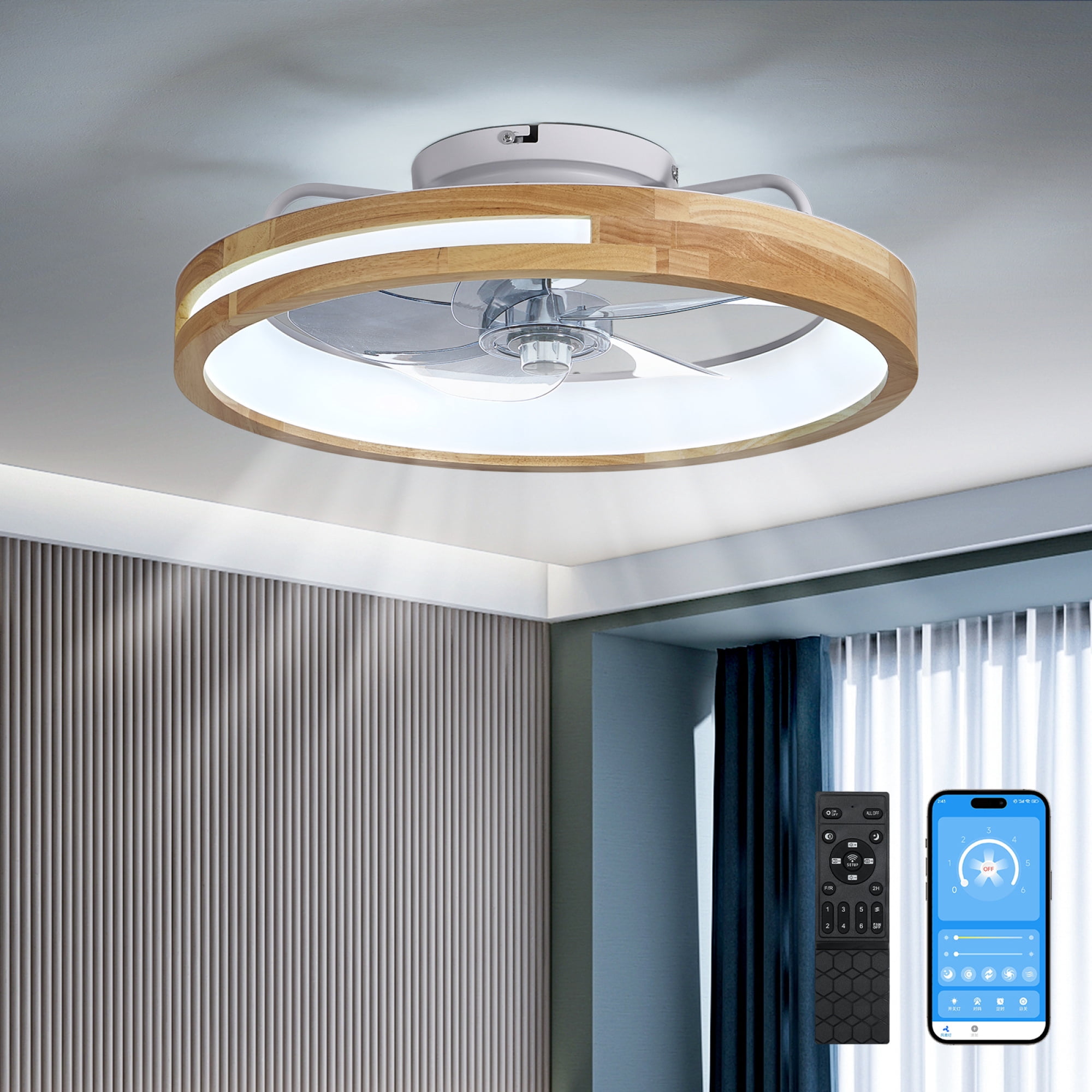 Leumius 20" Ceiling Fans with Lights and Remote Low Profile Flush Mount Ceiling Fan with Light,3000-6000K LED Fan Lighting 6 Speed Reversible Quiet Wooden Small Fans and Light for Bedroom Kitchen