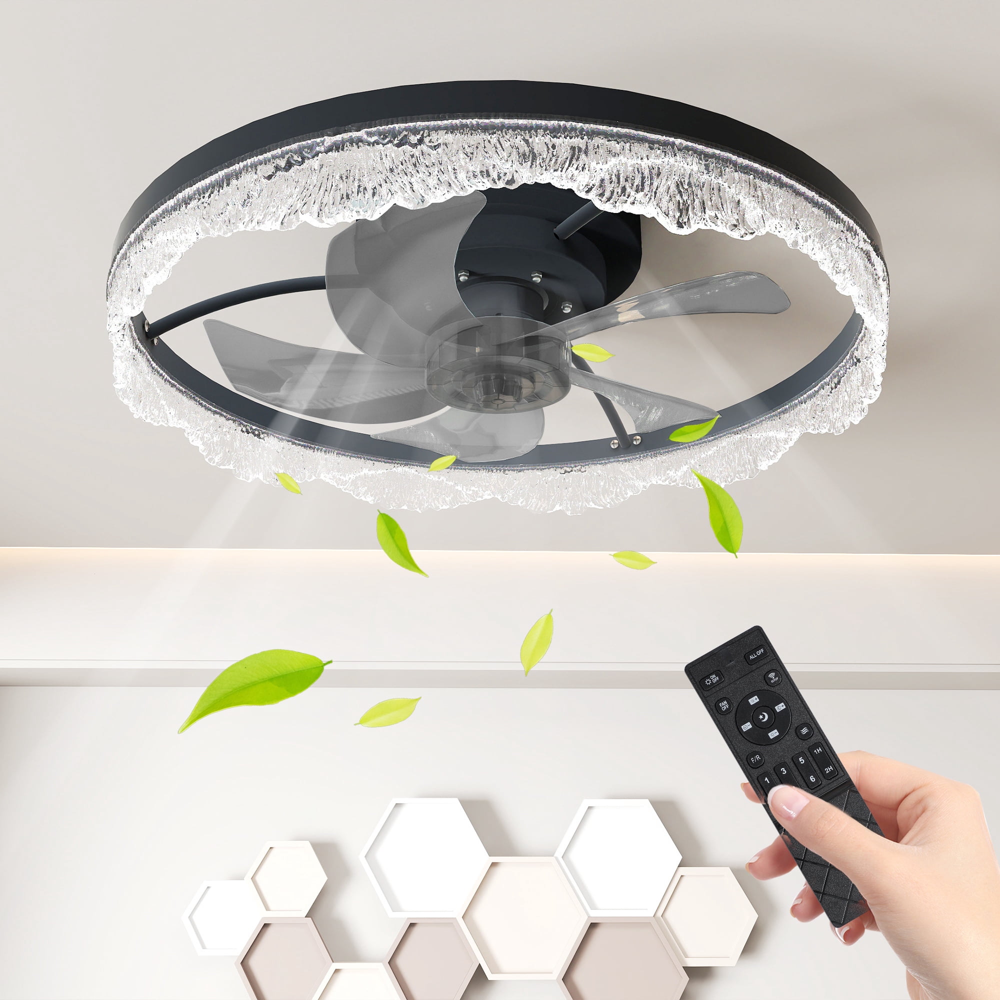 Leumius 20" Decorative LED Ceiling Fan Light, Modern Flush Mount with Acrylic Ring, Hidden Blades, Remote Control and Dimmable Light for Bedroom, Kids Room, Study Room (Black)