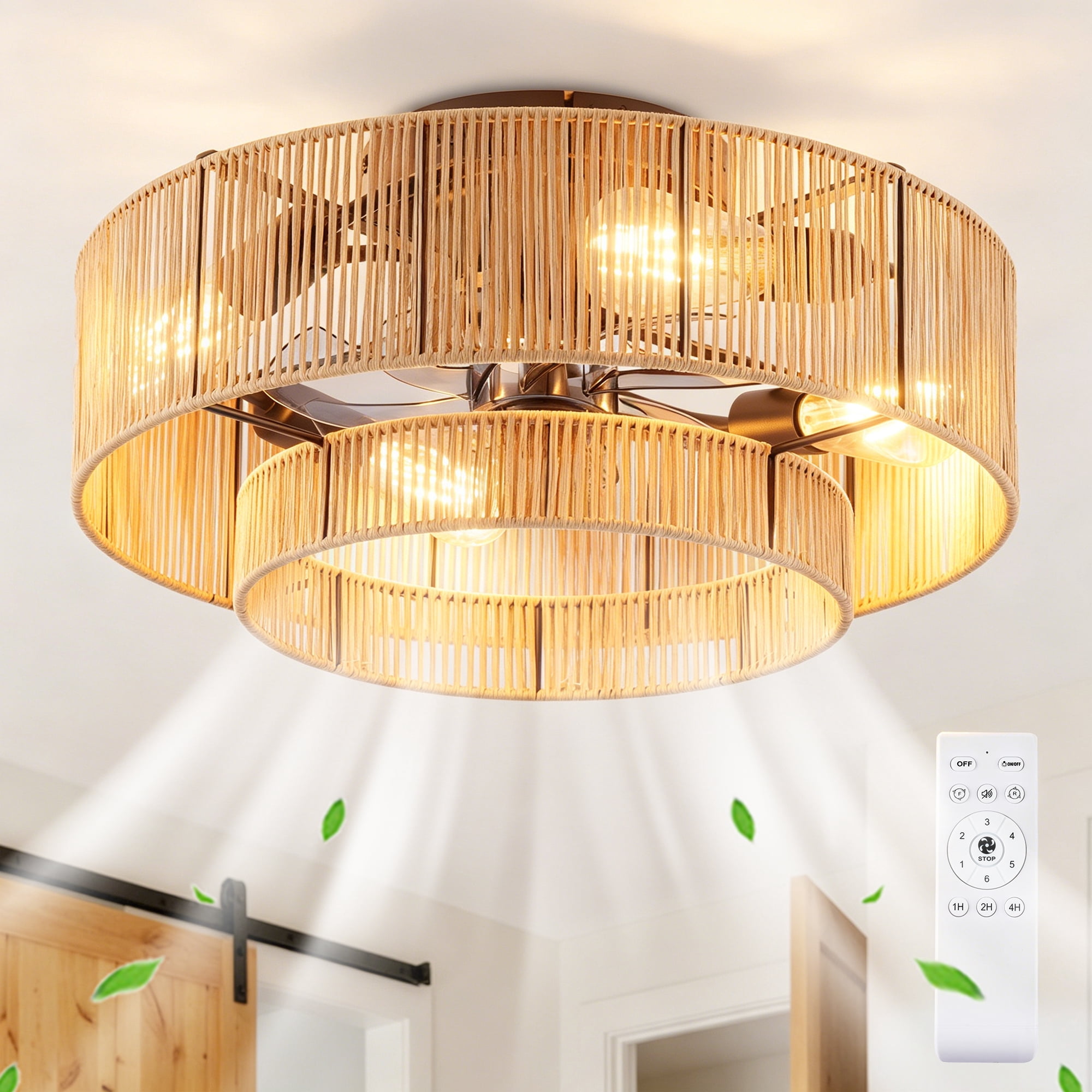 Leumius 20" Double Tier Rope Caged Ceiling Fan with Light and Remote Control, Low Profile Chandelier 6 Speed DC Motor Reversible Ceiling Fan for Living Room Bedroom (NOT Included Bulbs)