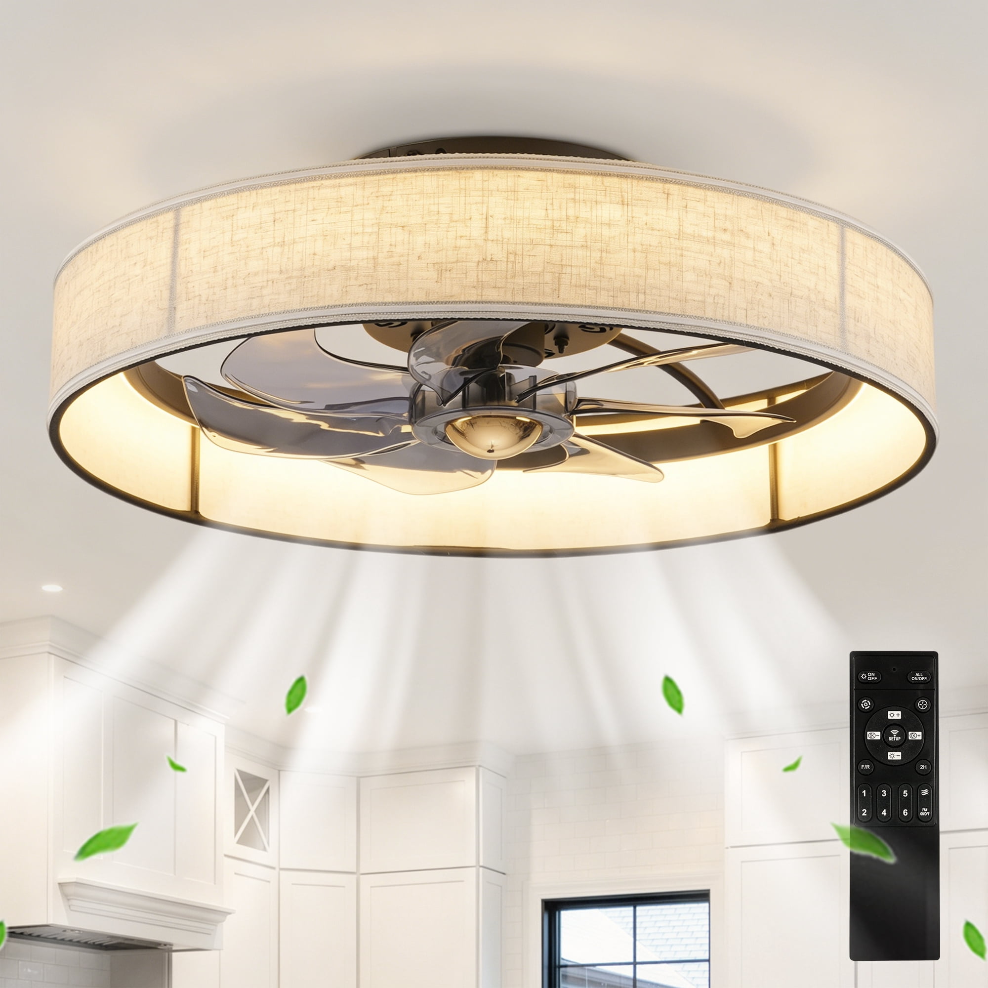 Leumius 20" Fabric Farmhouse 7 Blades Ceiling fan with Light and Remote Control, Quiet DC Motor Ceiling Fan for Living Room Bedroom Kitchen