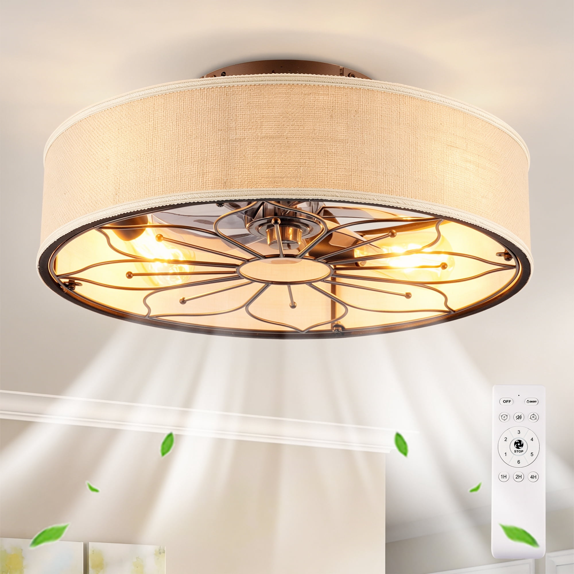 Leumius 20" Fabric Farmhouse Ceiling Fan with Light and Remote Control,Low Profile Modern Enclosed Ceiling Fans with Reversible Motor for Living Room,Bedroom,Kitchen Brown (NOT Included Bulbs)