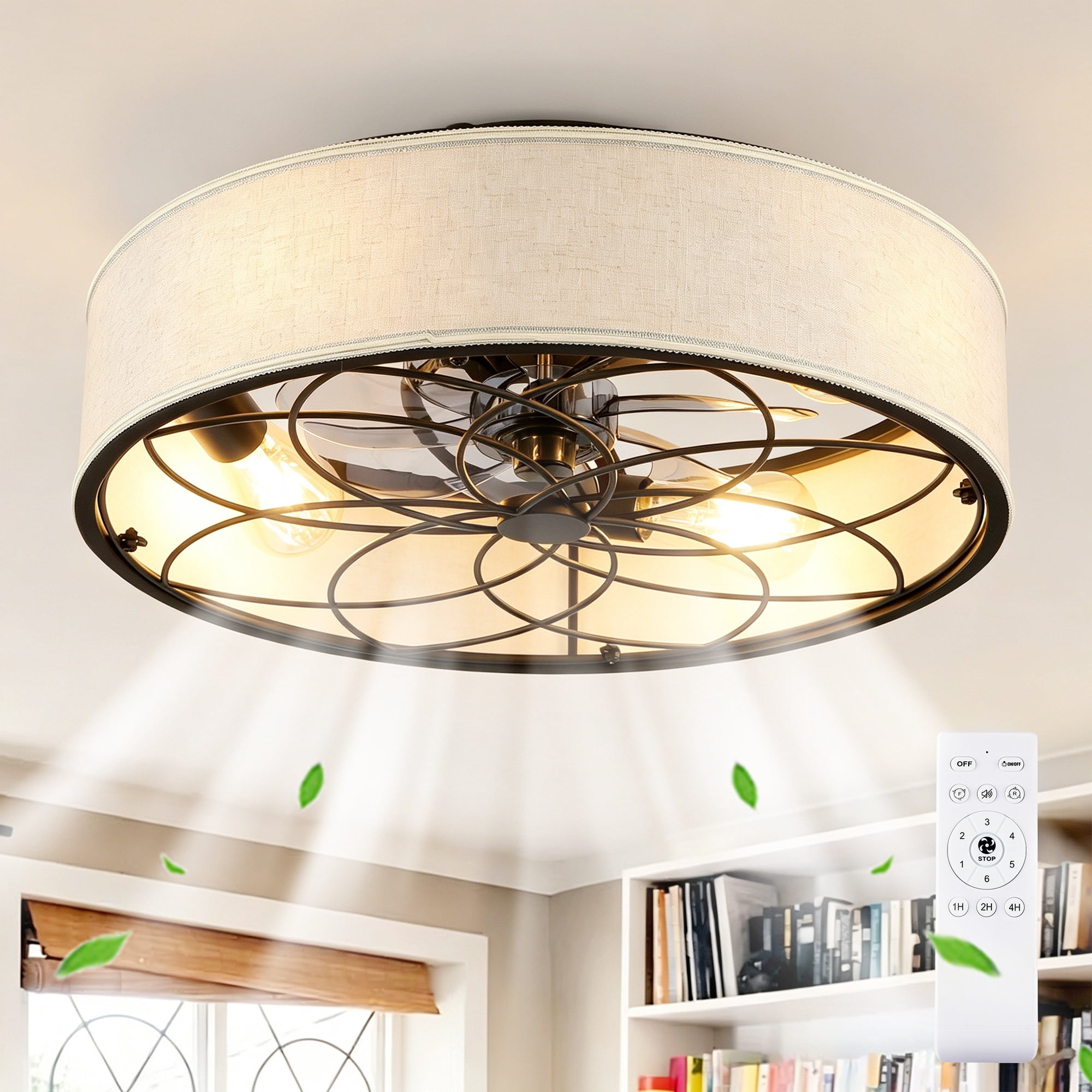 Leumius 20" Fabric Farmhouse Ceiling Fan with Light and Remote Control,Low Profile Modern Enclosed Ceiling Fans with Reversible Motor for Living Room,Bedroom,Kitchen (NOT Included Bulbs)