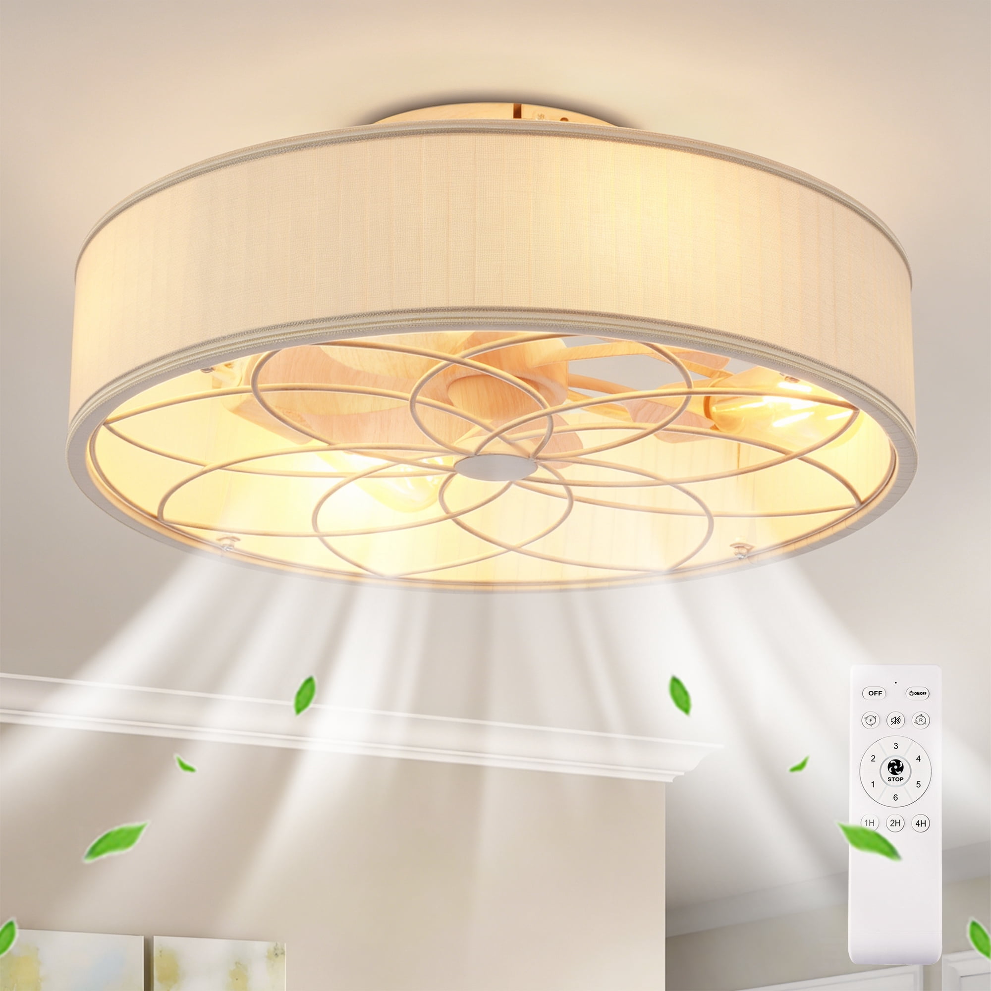 Leumius 20" Fabric Farmhouse Ceiling Fan with Light and Remote Control,Low Profile Modern Enclosed Ceiling Fans with Reversible Motor for Living Room,Bedroom,Kitchen White (NOT Included Bulbs)