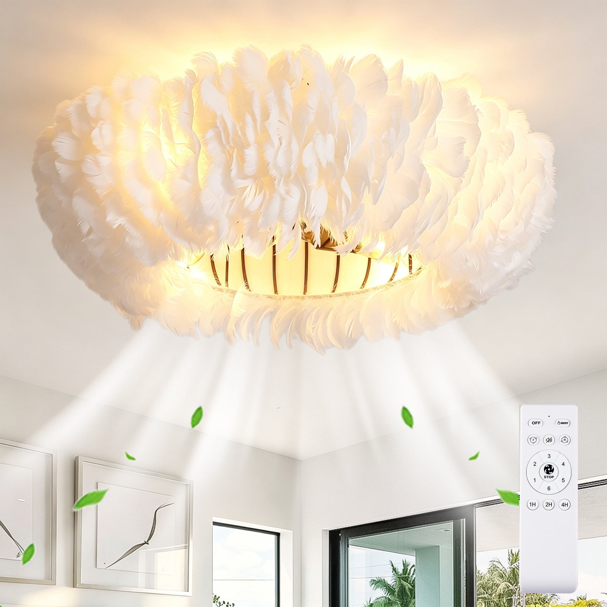 Leumius 20" Feather-Dressed Caged Ceiling Fans with Light and Remote Control, Chandelier Fan 6 Speed DC Motor Reversible Ceiling Fan for Living Room Bedroom (NOT Included Bulbs)