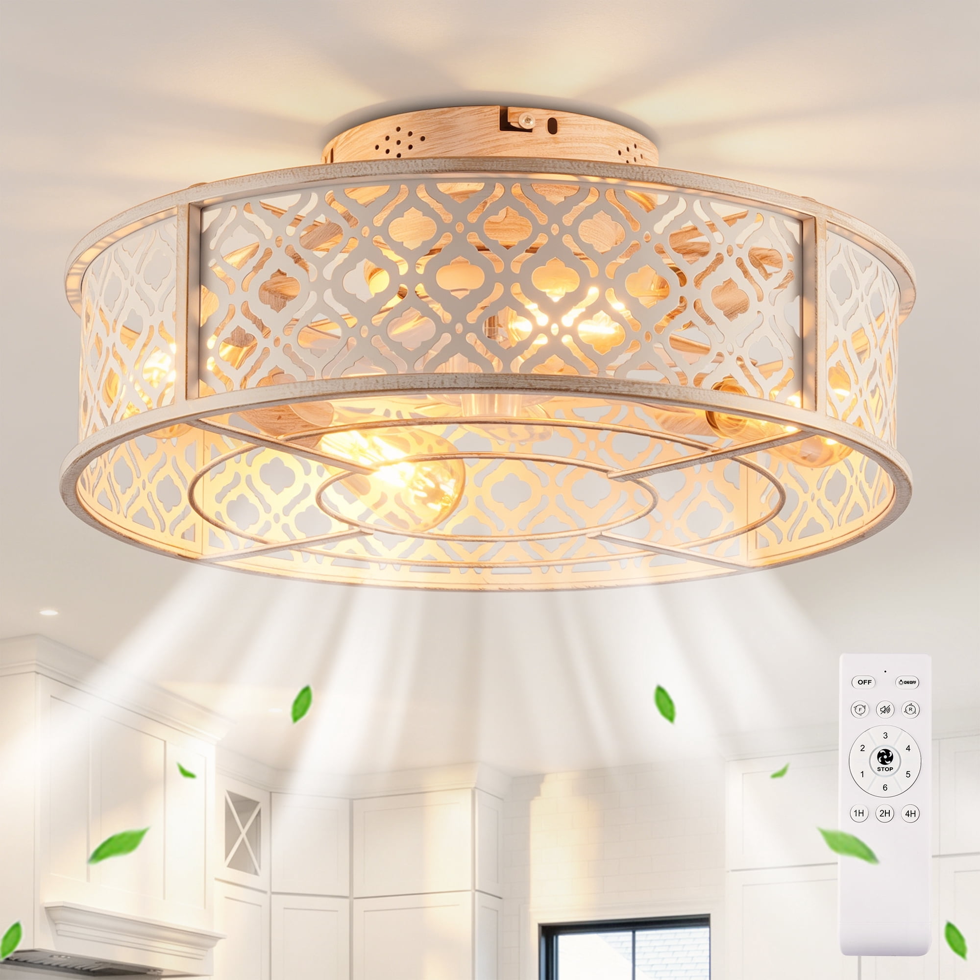 Leumius 20" Flower Style Iron Ceiling Fans with Light and Remote,Flush Mount Caged Ceiling Fan for Living Room Bedroom Dining Room White (NOT Included Bulbs)