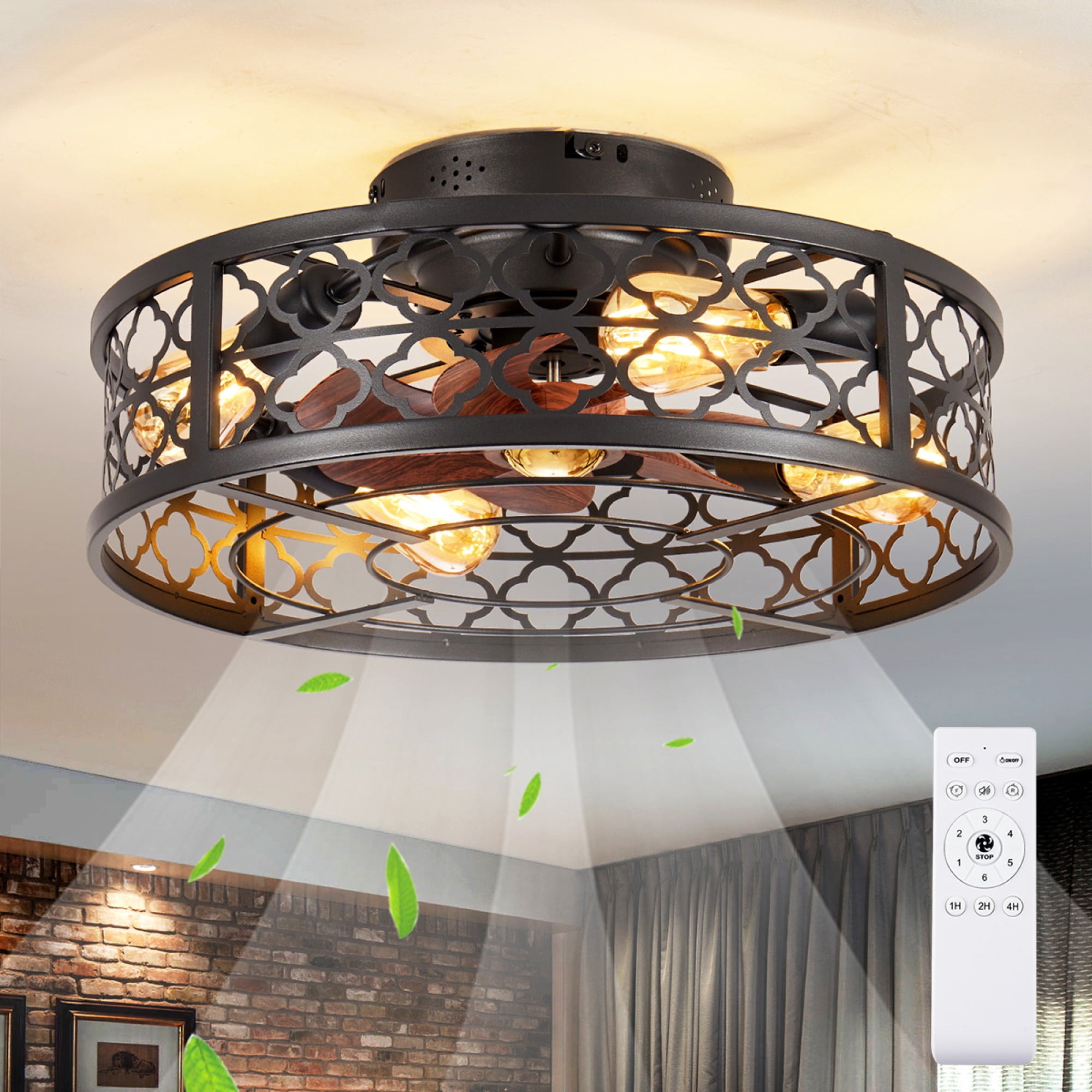 Leumius 20" Flower Style Iron Ceiling Fans with Lights and Remote, Farmhouse Flush Mount Ceiling Fan with 6 Speeds Reversible Motor for Living Room Bedroom Dining Room (NOT Included Bulbs)