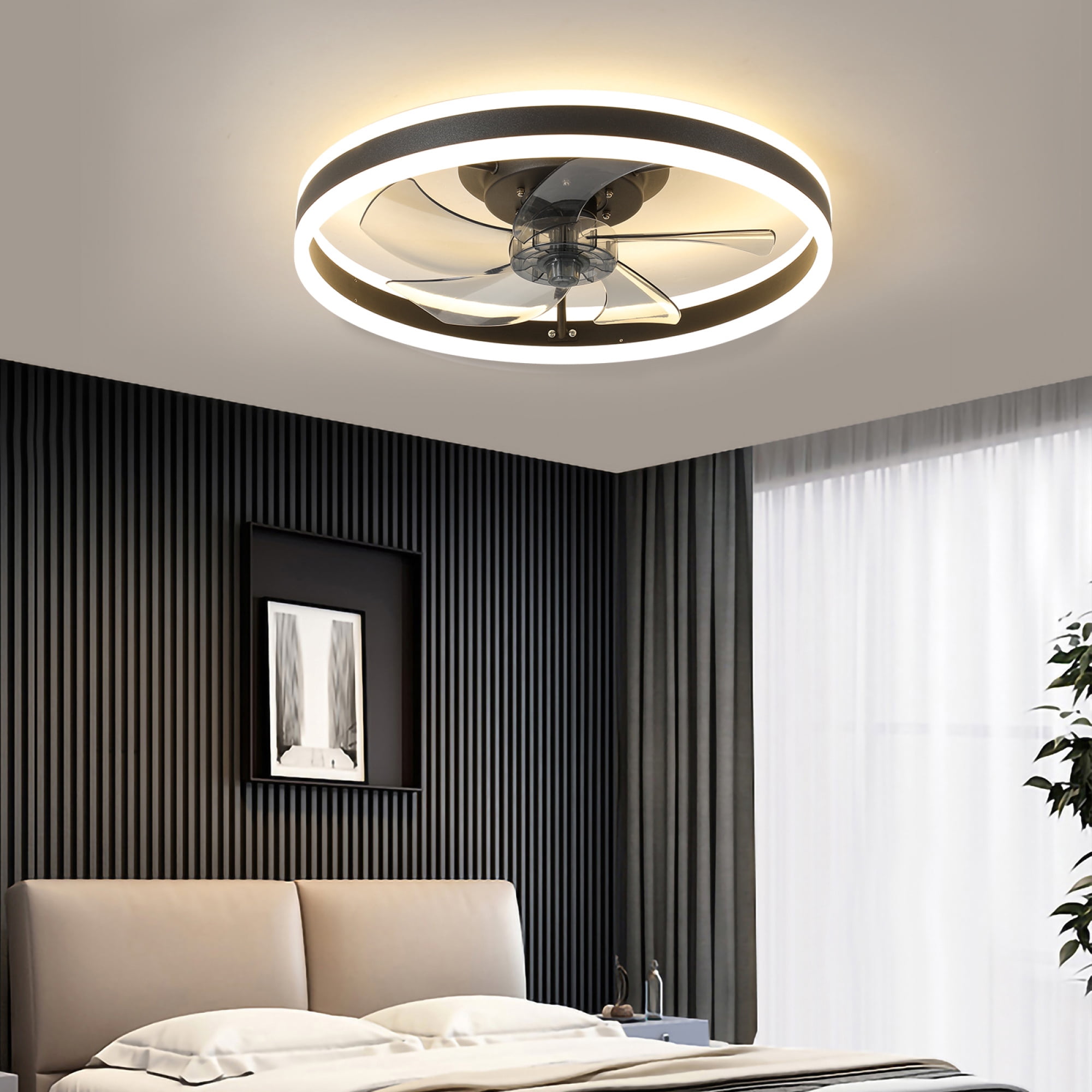 Leumius 20" Flush Mount Ceiling Fans with Lights and Remote, 3000K-6000K Dimmable LED Fandelier Low Profile Chandelier Ceiling Fan for Bedroom Living Room, Black