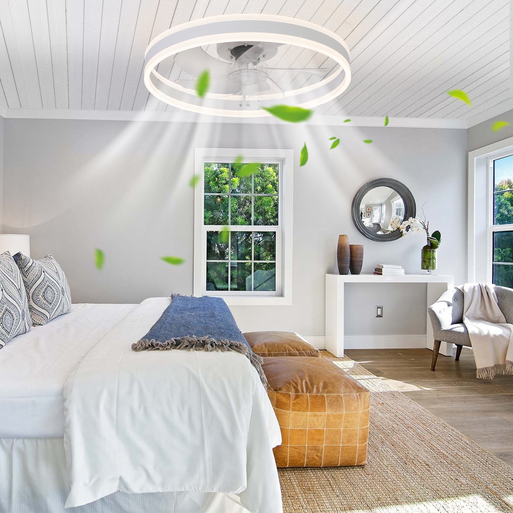 Leumius 20" Flush Mount Ceiling Fans with Lights and Remote, 3000K-6000K Dimmable LED Fandelier Low Profile Chandelier Ceiling Fan for Bedroom Living Room, White