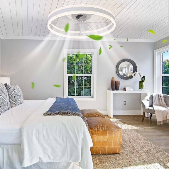 Leumius 20" Flush Mount Ceiling Fans with Lights and Remote, 3000K-6000K Dimmable LED Fandelier Low Profile Chandelier Ceiling Fan for Bedroom Living Room, White