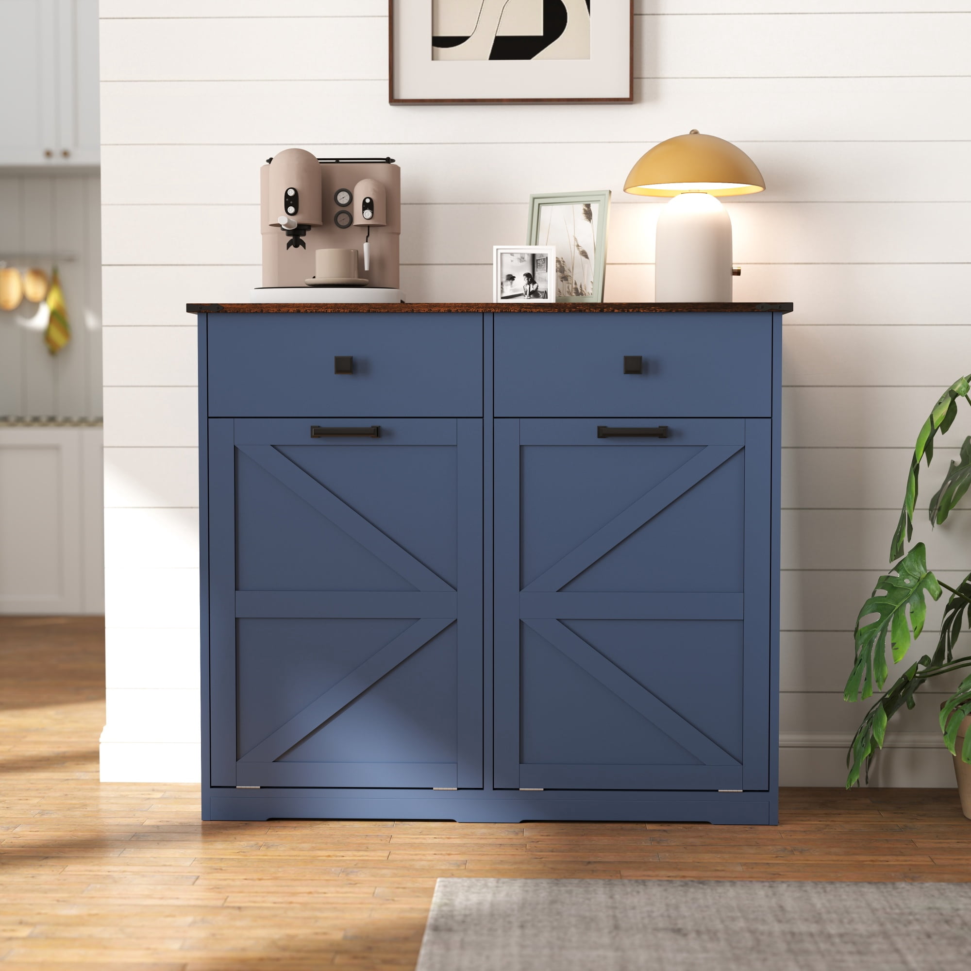Leumius 20 Gallon Farmhouse Double Tilt Out Trash Cabinet, Free Standing Recycling Cabinet with Hideaway Drawer, Barn Door Style Laundry Sorter Cabinet, Tilt Out Trash Cabinet for Kitchen Blue