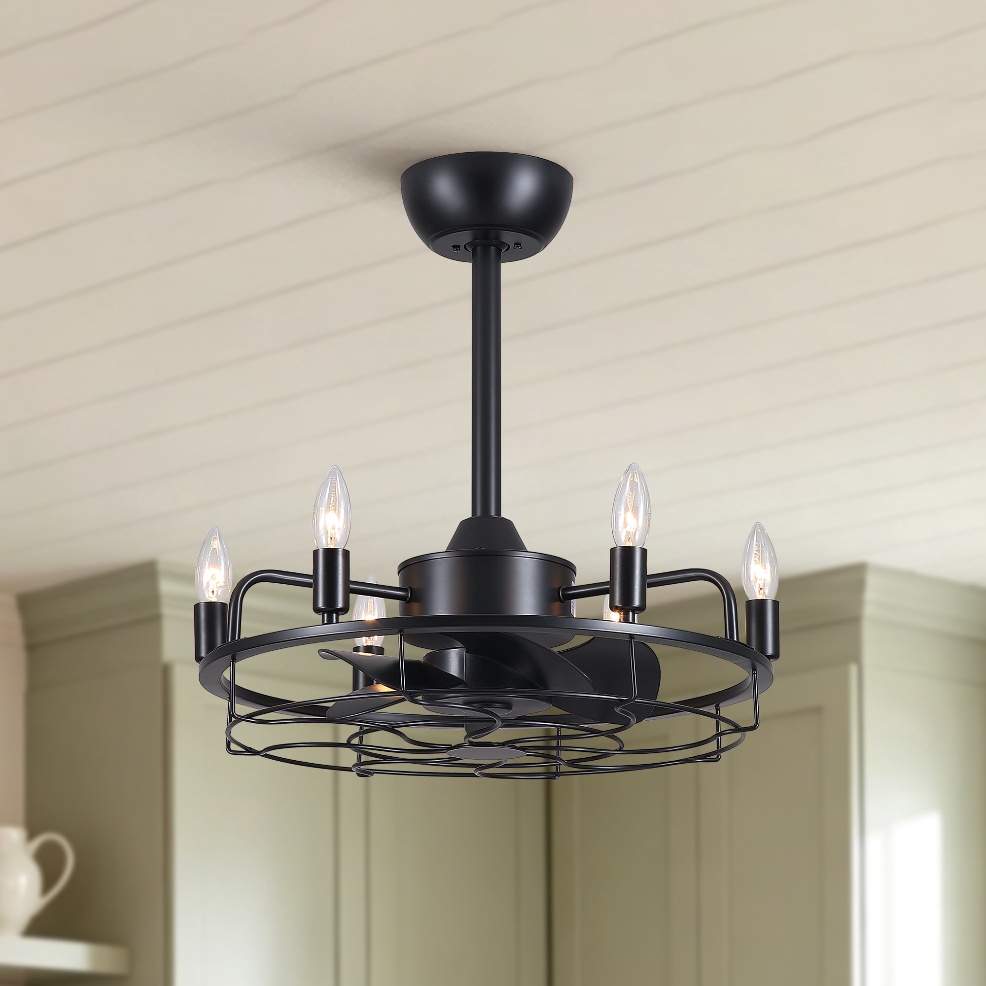 Leumius 20" Industrial Ceiling Fan with Lights, Farmhouse Fandelier with 6 E12 Sockets, Reversible DC Motor, 6 Speeds Remote Control Ceiling Fan for Dining Room Kitchen Bedroom Matte Black