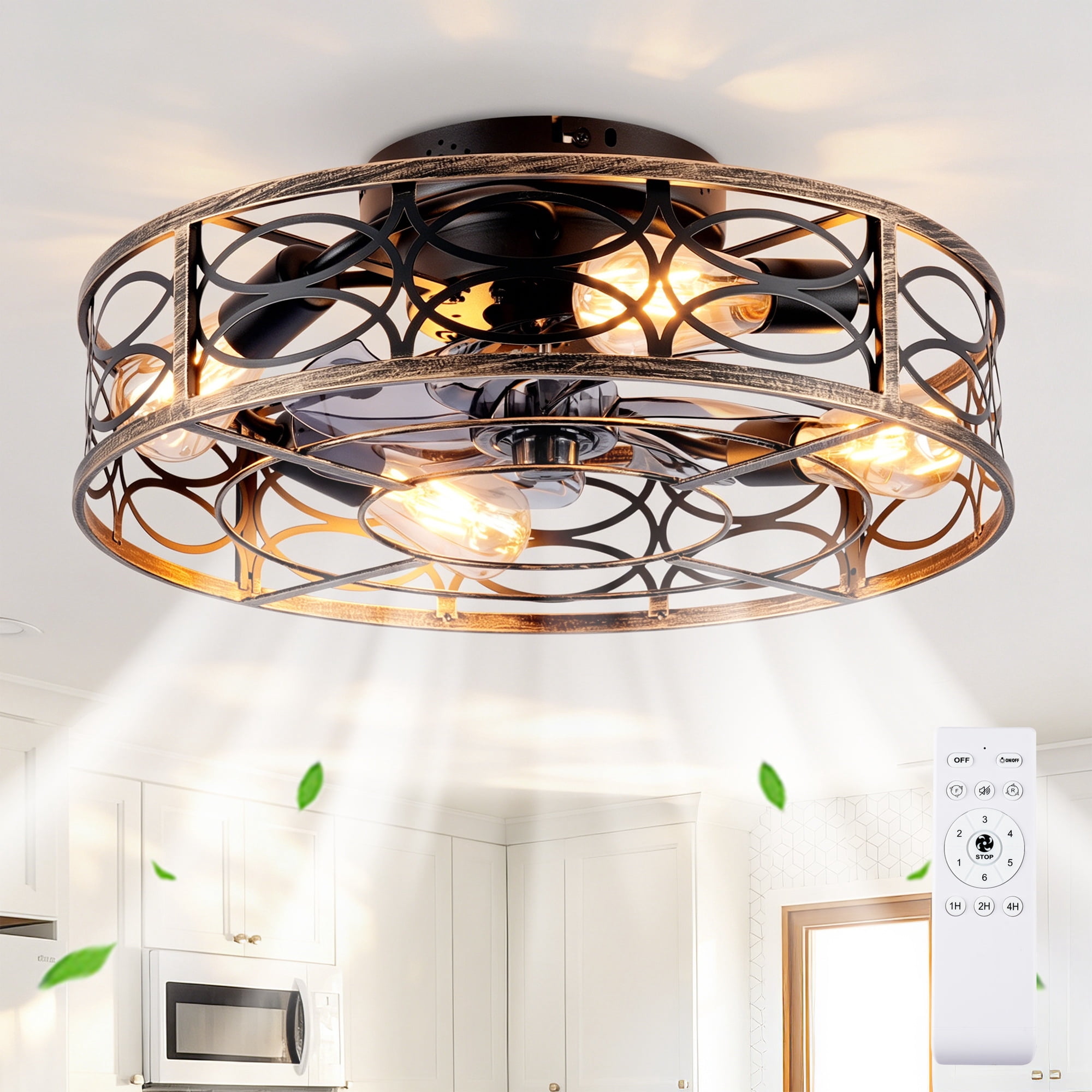 Leumius 20" Low Profile Caged Ceiling Fans with Lights and Remote, Farmhouse Flush Mount Ceiling Fan with 6 Speeds Reversible Motor for Living Room Bedroom Dining Room(NOT Included Bulbs)