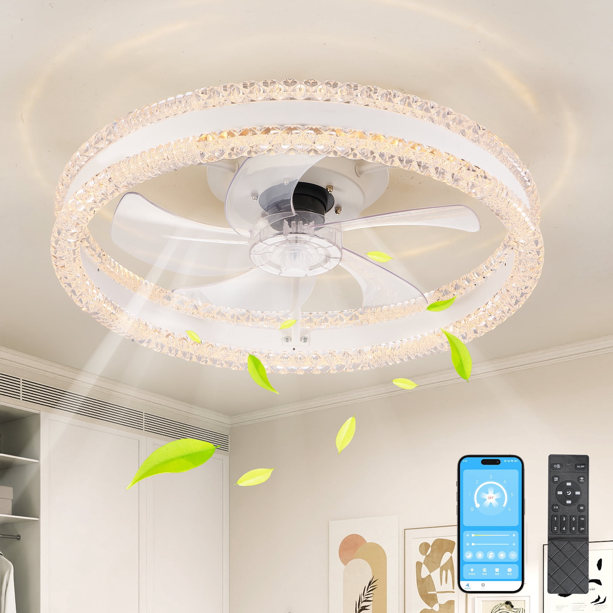 Leumius 20" Luxury Double Ring LED Ceiling Fan with Light, Modern Flush Mount Design, Hidden Blades, Dimmable Lighting & Remote Control, Low Profile Silent Fan for Bedroom, Living Room White