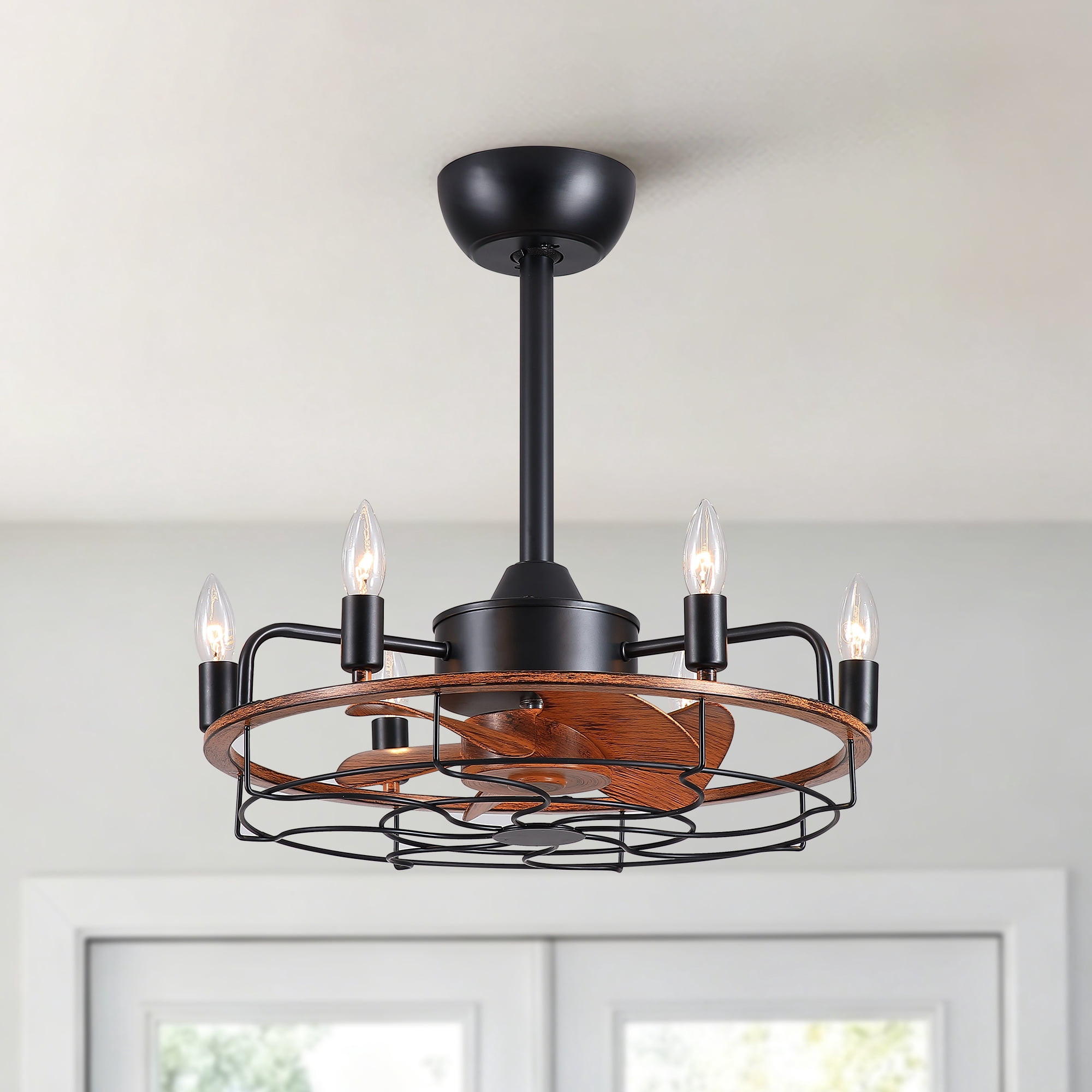 Leumius 20" Modern Farmhouse Ceiling Fan, Wood Grain Rustic Fandelier with E12 Sockets, Adjustable Hanging, Reversible DC Motor, 6 Speeds Remote Control Ceiling Fan for Dining Room Kitchen Bedroom