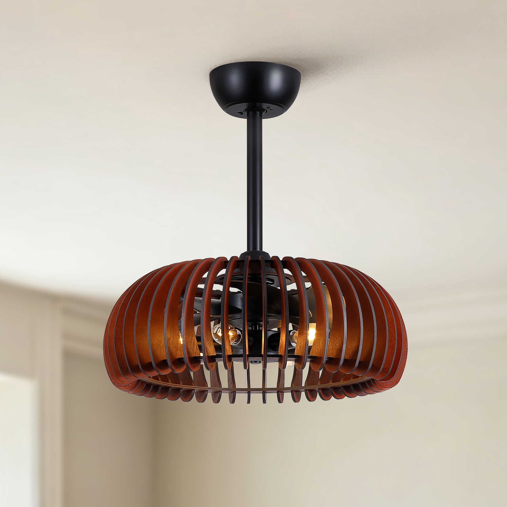 Leumius 20" Pumpkin Wood Ceiling Fan, Rustic Farmhouse Plywood Fandelier with 6 E12 Sockets, Reversible DC Motor, Adjustable Hanging, 6 Speeds Remote Control Ceiling Fan for Dining Room Kitchen
