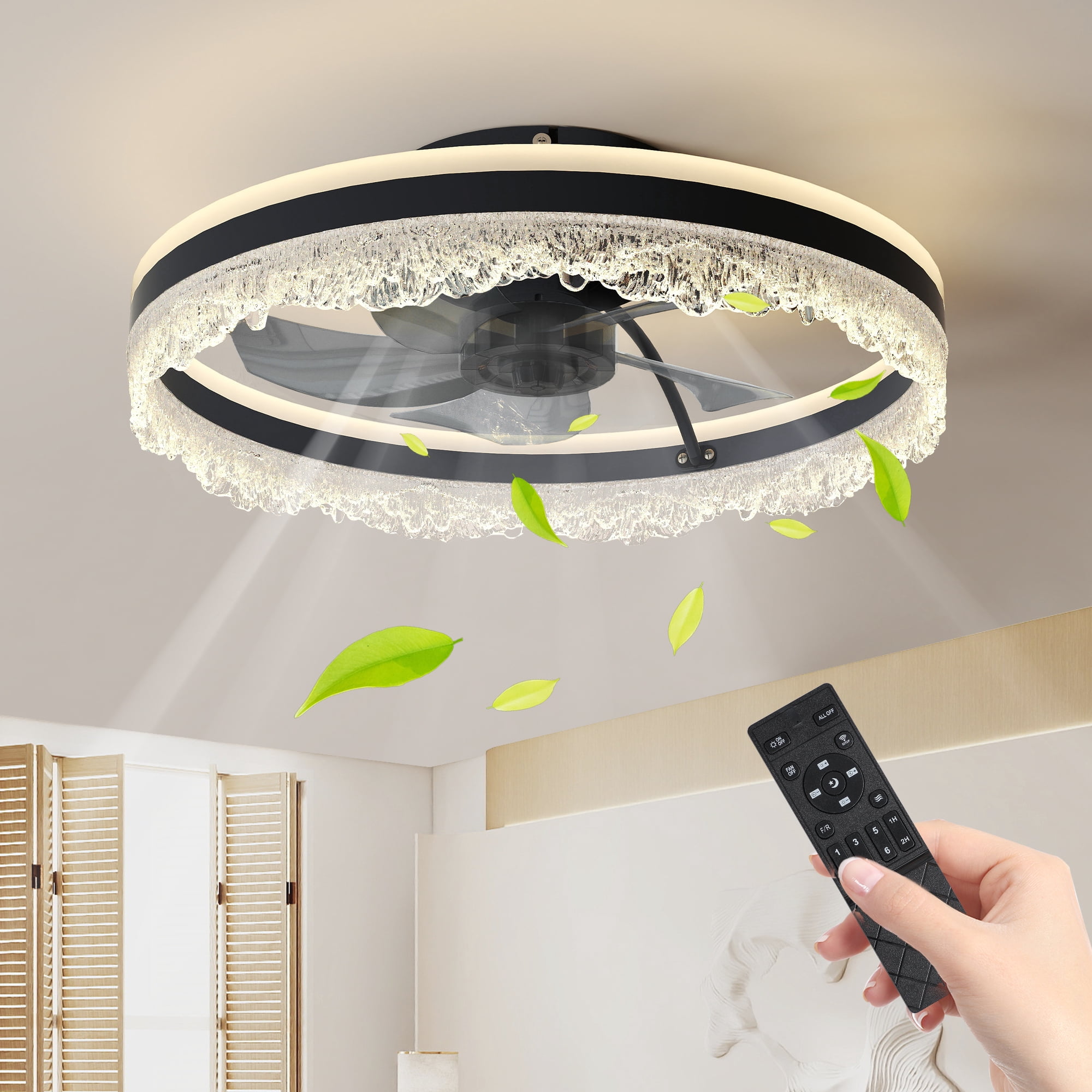 Leumius 20" Quiet Ceiling Fan with Light, LED Crystal Flush Mount Fan Lamp with Hidden Blades and Natural Airflow for Bedroom, Kids Room, Study Room