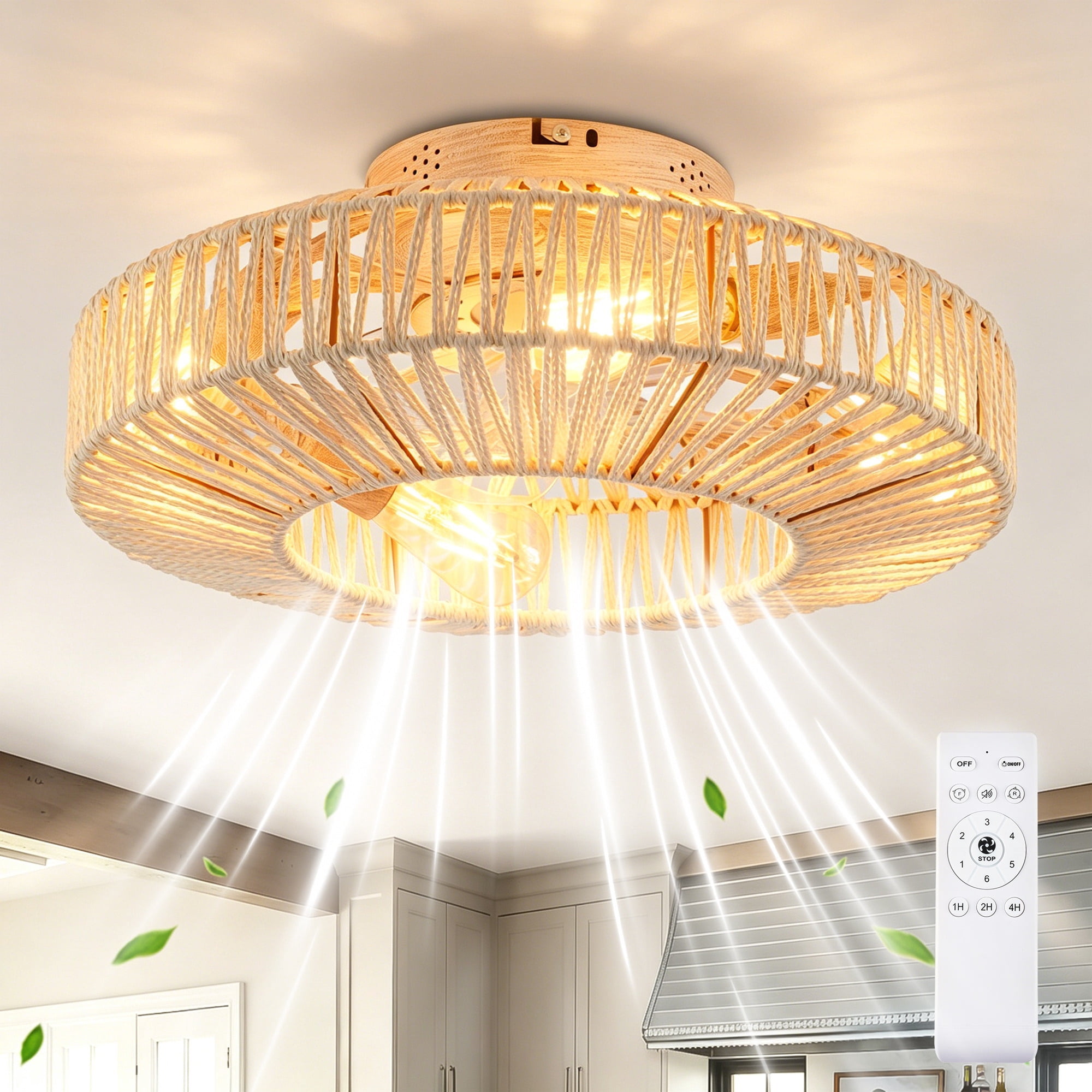 Leumius 20" Rope Caged Ceiling Fans with Light and Remote, Low Profile Chandelier 6 Speed DC Motor Reversible Ceiling Fan for Living Room Bedroom Matte White (NOT Included Bulbs)