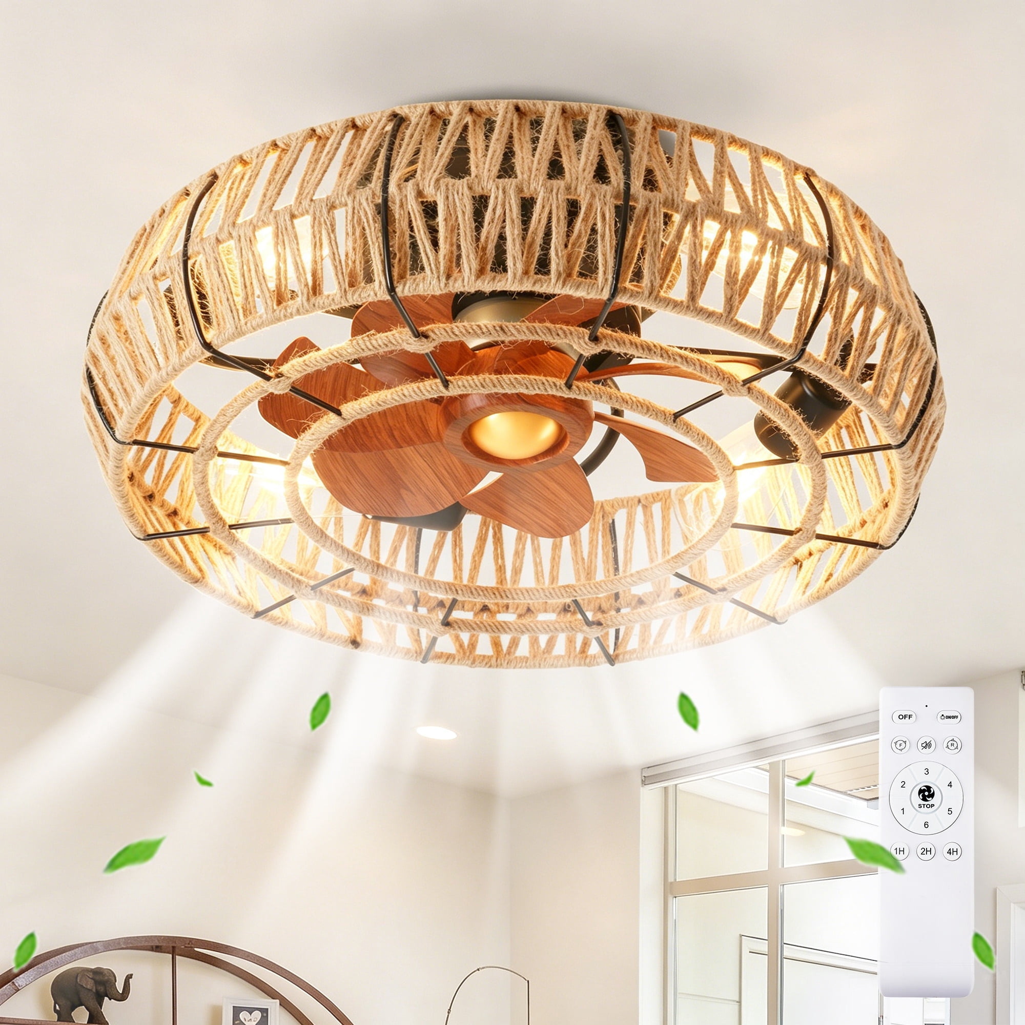 Leumius 20" Rope Caged Flush Mount Ceiling Fan with Light and Remote Control, Low Profile Chandelier 6 Speed DC Motor Reversible Ceiling Fan for Living Room Bedroom Matte Black (NOT Included Bulbs)
