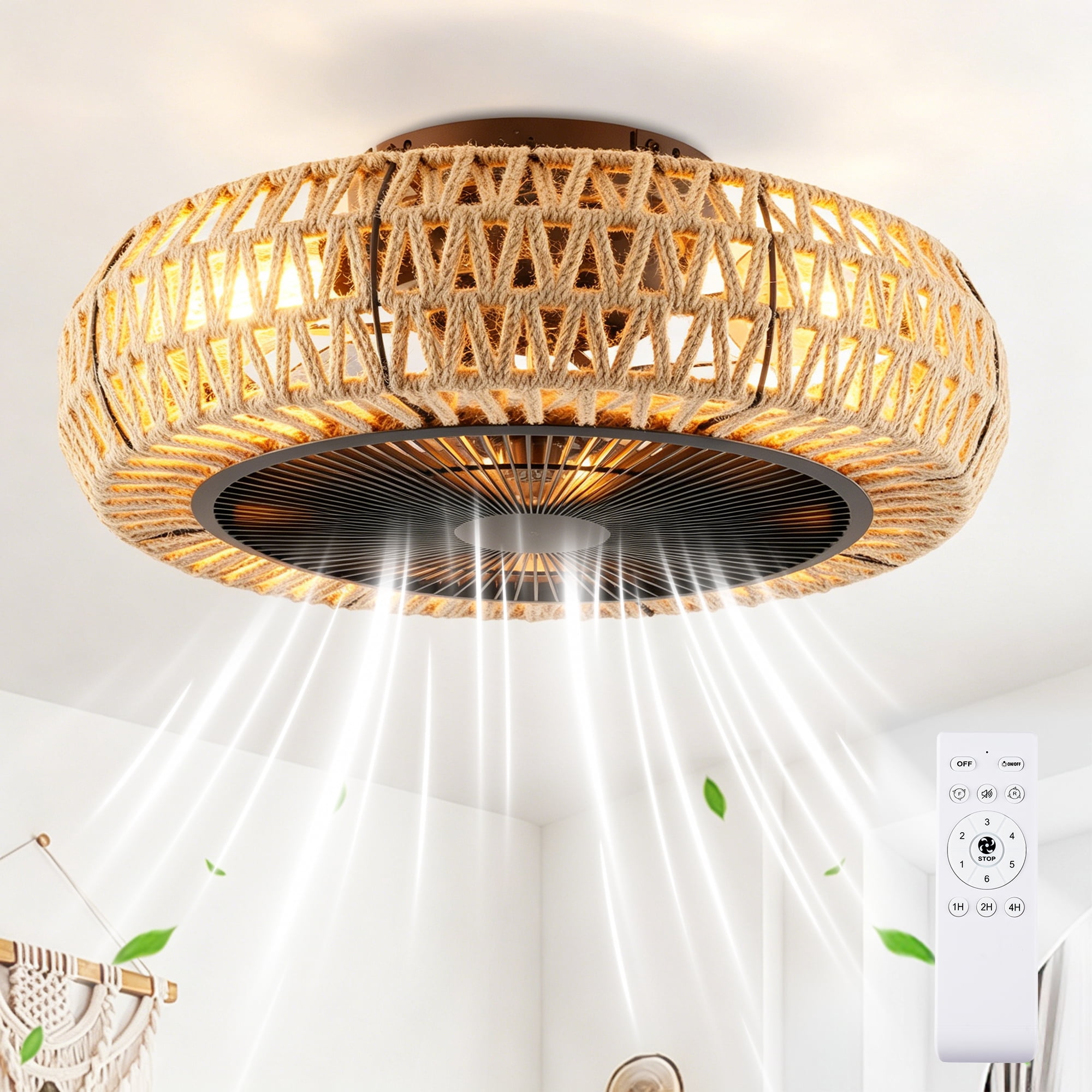 Leumius 20" Vintage Rope Ceiling Fan with Light and Remote ,6 Speed, DC Motor Reversible Ceiling Fan for Living Room Bedroom Dining Room (NOT Included Bulbs)