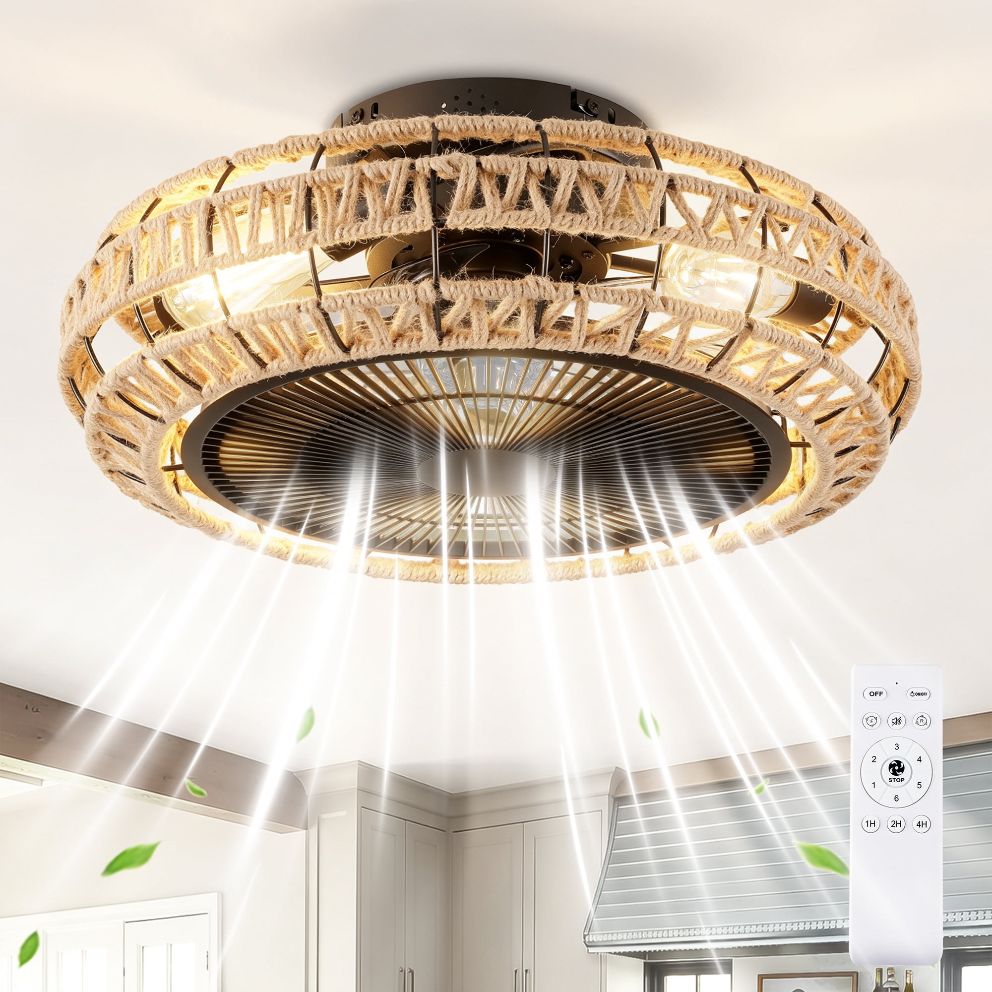 Leumius 20" Vintage Rope Fan Light with Light and Remote Control 6 Speed Adjustable Airflow Ceiling Fan for Living Room Bedroom Kitchen (NOT Included Bulbs)