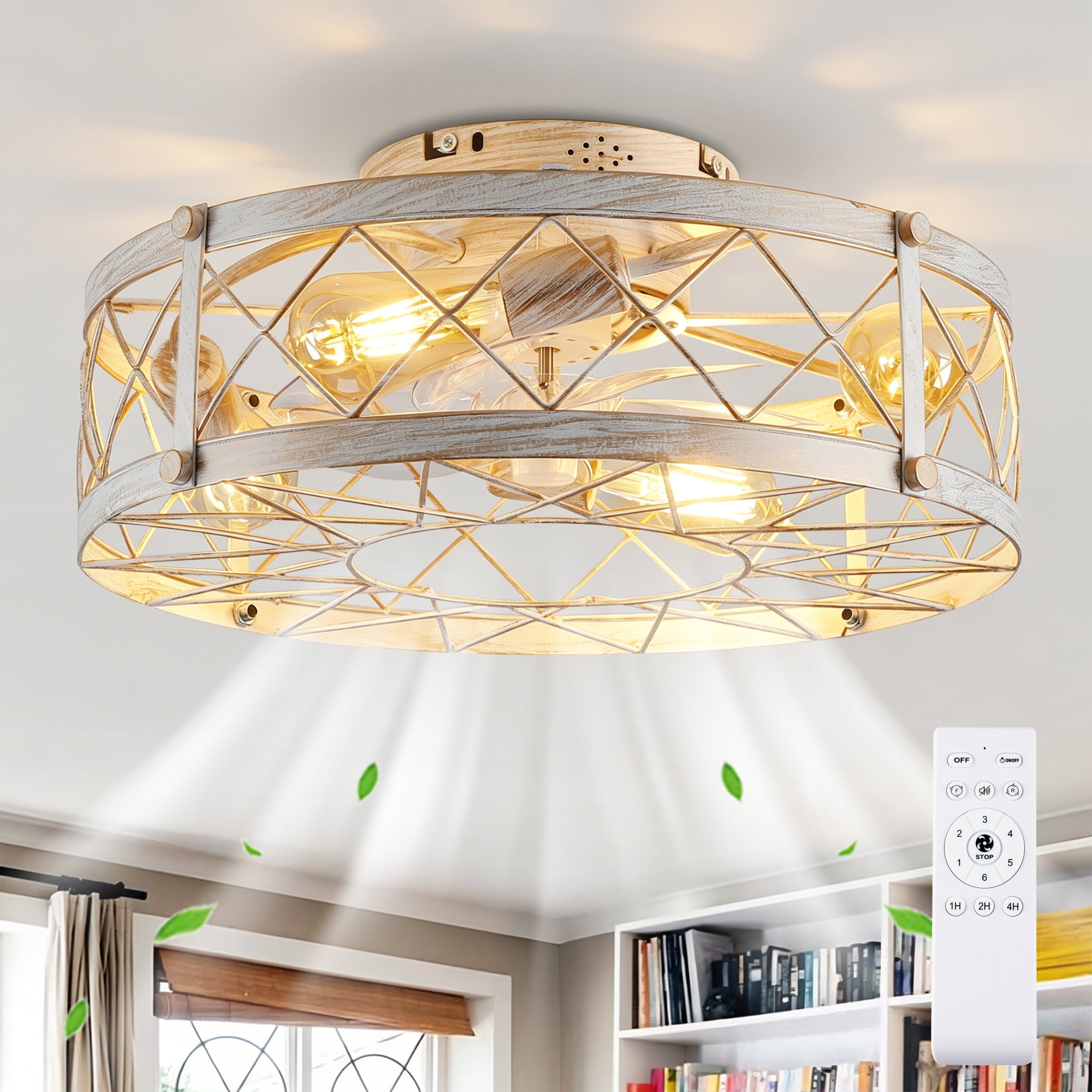 Leumius 20" White Caged Ceiling Fan with Lights and Remote Control ,Reversible Motor, DC Remote Control,6 Speed Ceiling Fan for Living Room Bedroom Dining Room (NOT Included Bulbs)