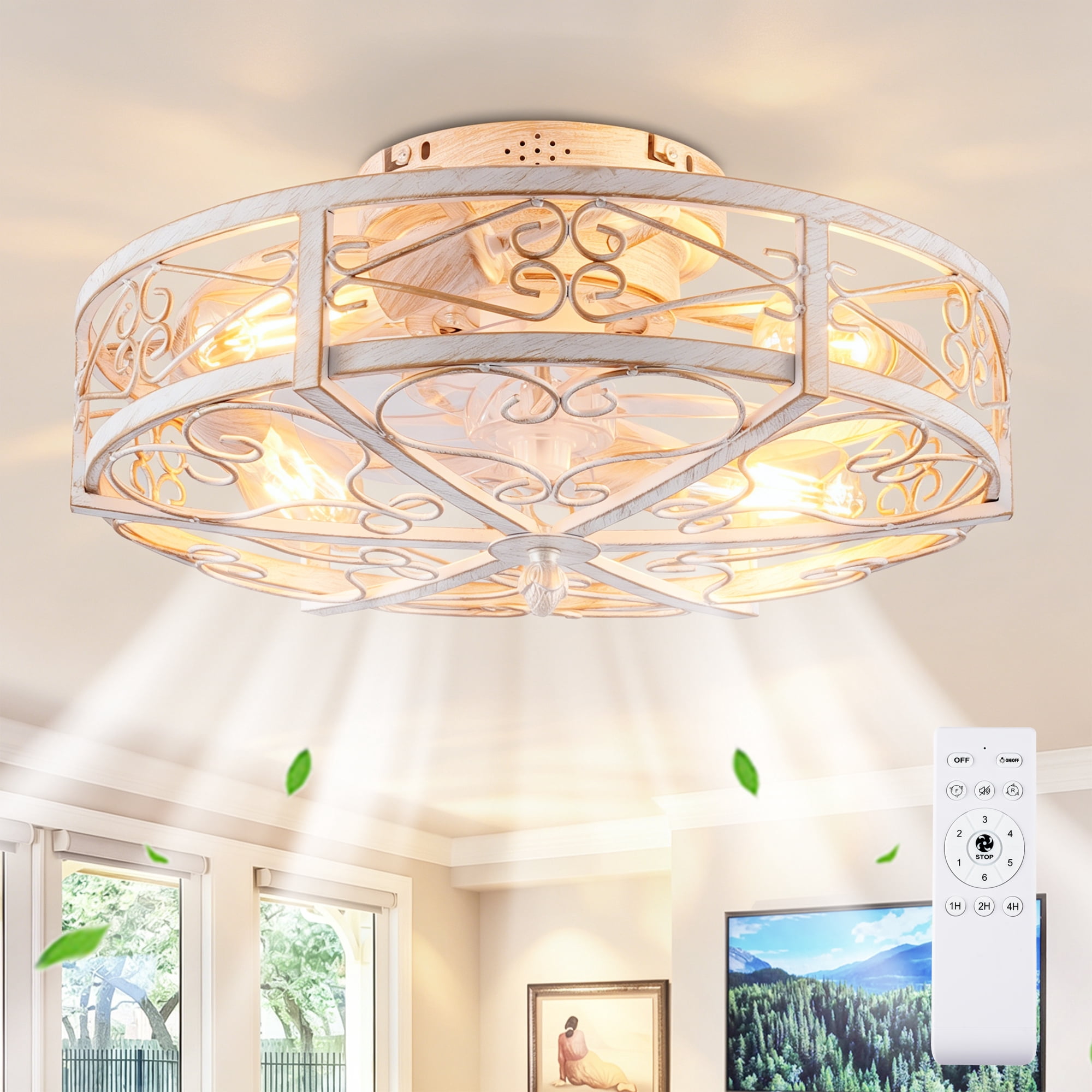 Leumius 20" White Flush Mount Ceiling Fan with Light, Reversible Motor and DC Remote Control,6 Speed Ceiling Fan,Timing for Living Room Bedroom Dining Room(NOT Included Bulbs)