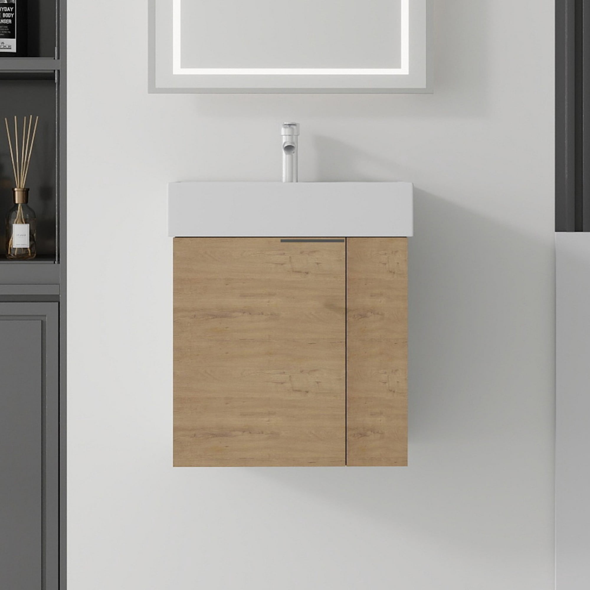 Leumius 21.6" Floating Bathroom Vanity with Ceramic Sink,Floating Bathroom Sink Cabinet for Small Space,Bathroom,Oak