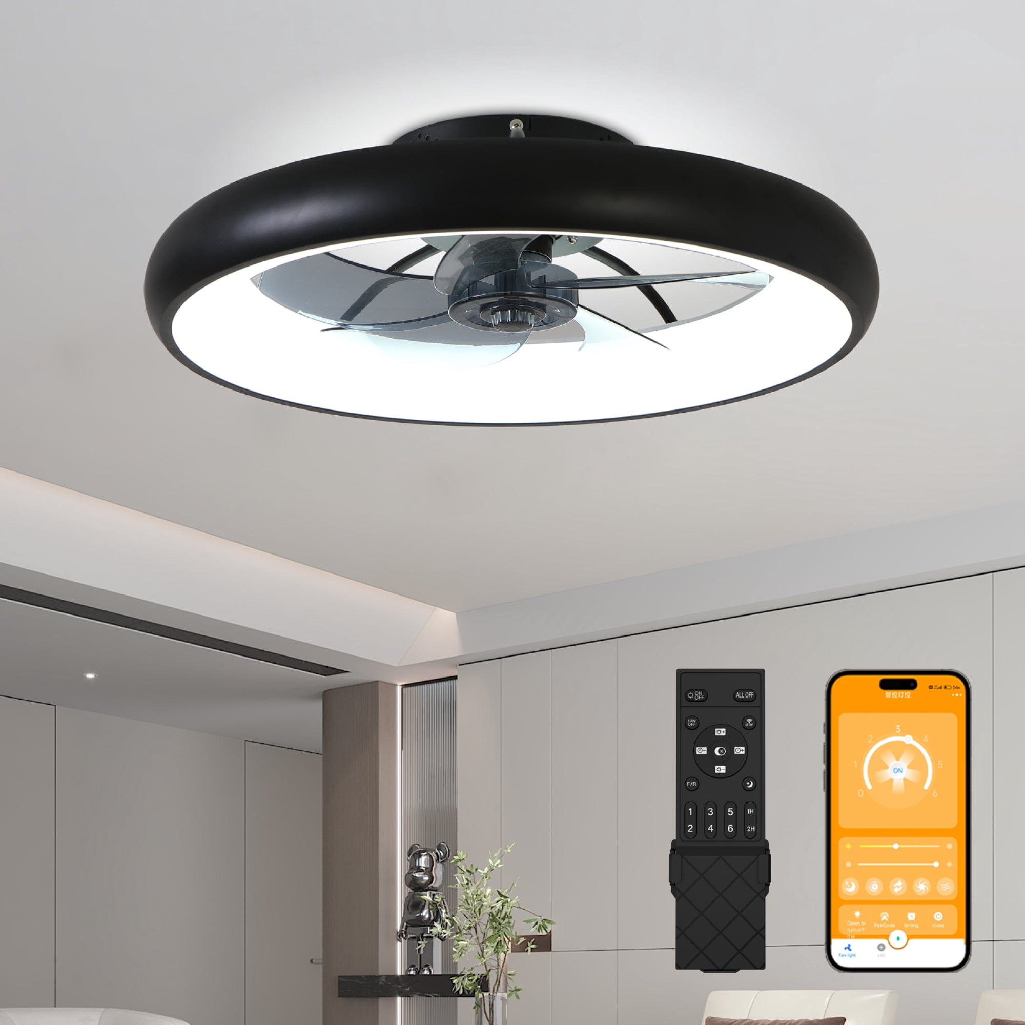 Leumius 21.7" Black Ultra-Thin Ceiling Fan with Light, 6-Speed Reversible Fandelier, 3-Color Temp Dimmable, Remote & APP Control, Silent Motor for Bedroom Living Room