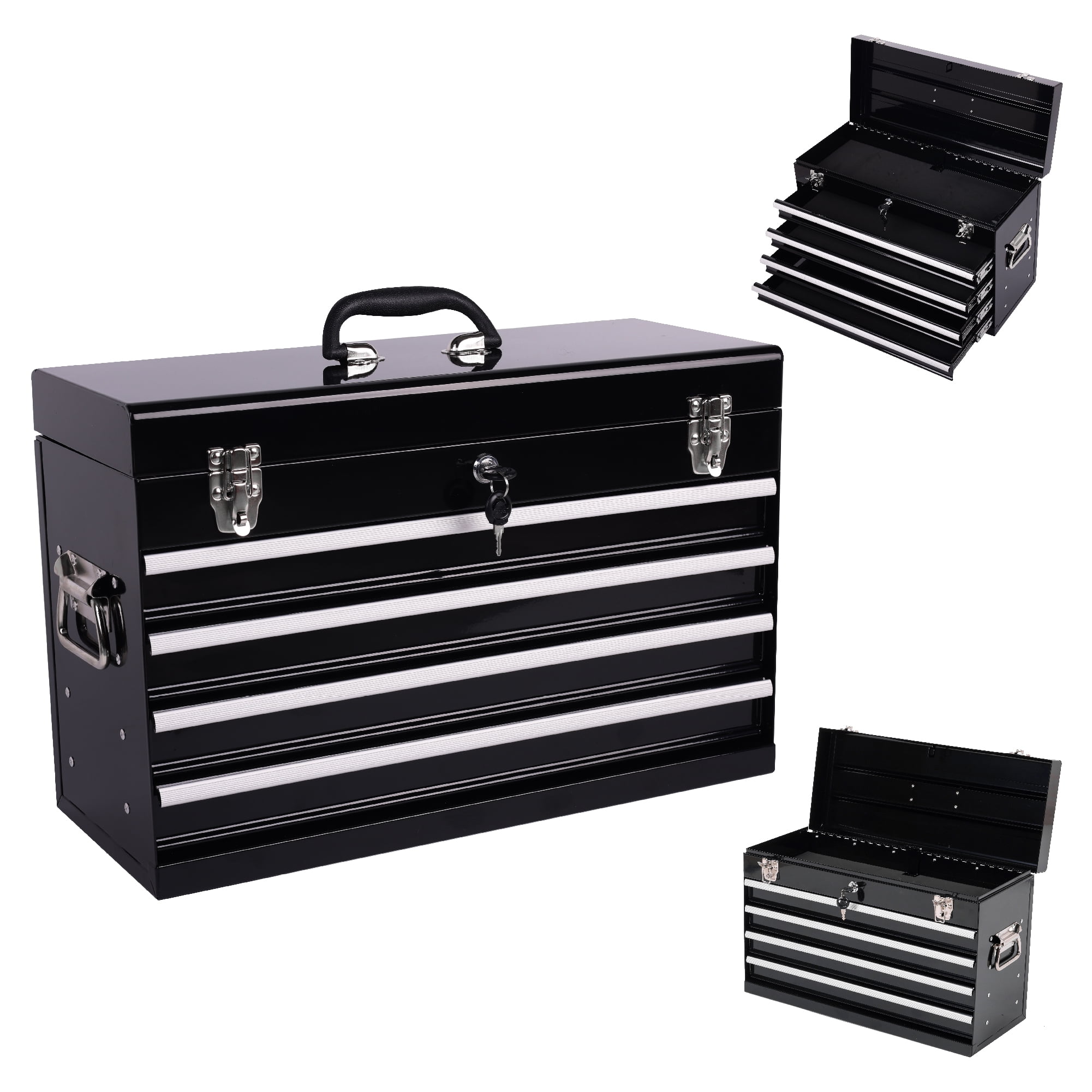 Leumius 21" Metal Tool Box with 4 Drawers,Small Tool Chest with EVA Liners,Multi-Function Tool Organizer for Garage,Workshop,Black