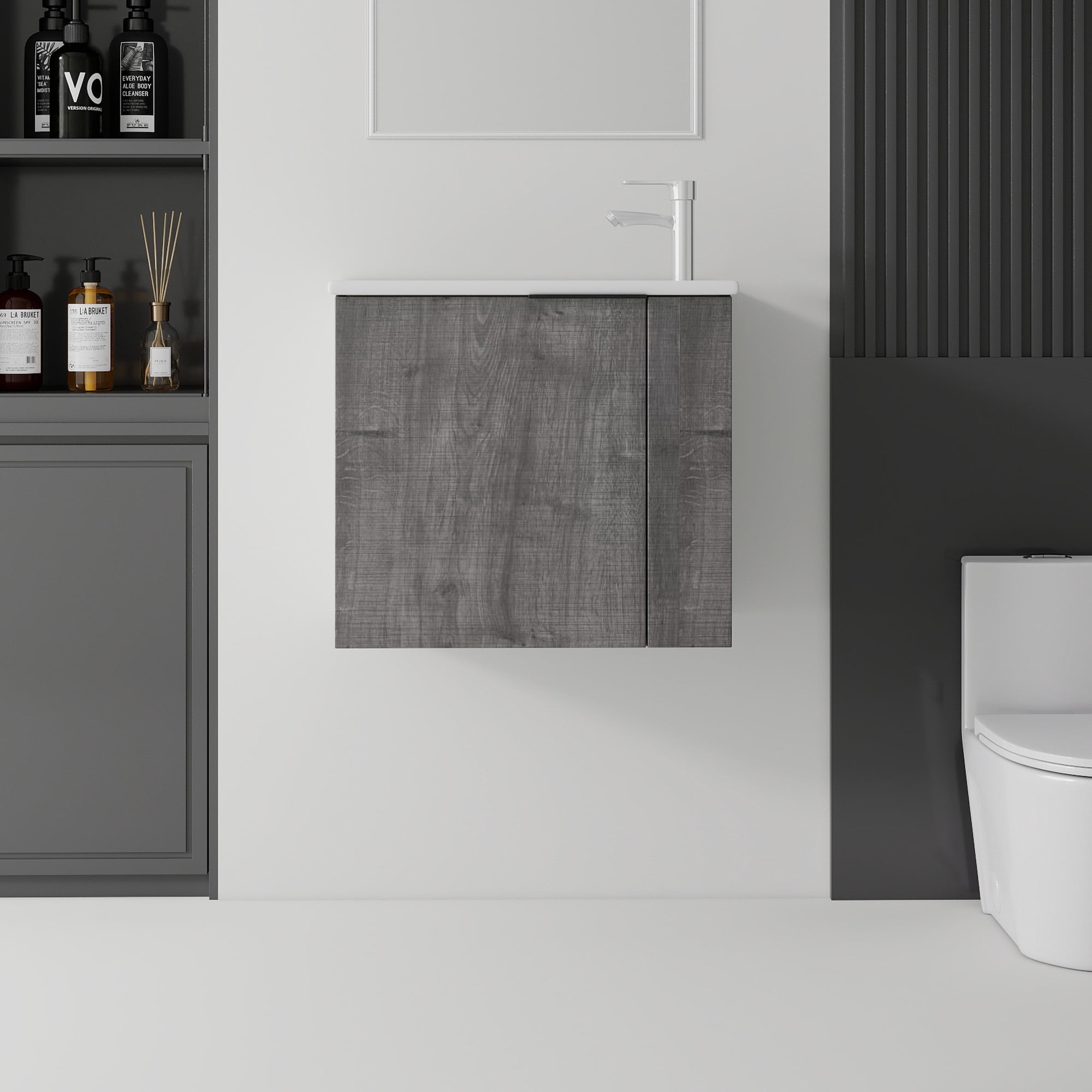 Leumius 22" Floating Bathroom Vanity with Ceramic Sink & Soft-Close Doors,Wall-Mounted Vanity for Small Space,Bathroom,Grey