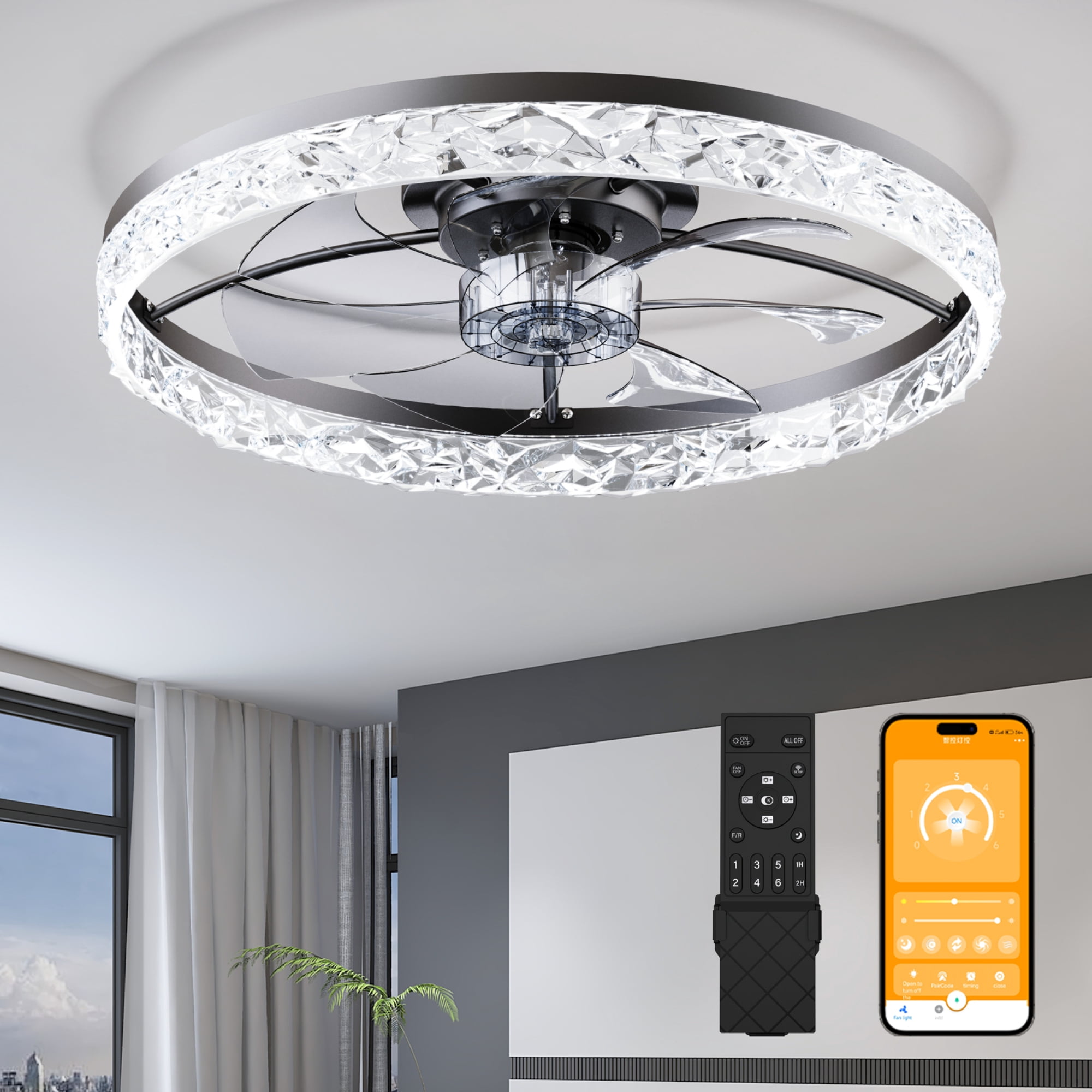 Leumius 23.6" Ceiling Fans with Lights Remote and APP Control, Dimmable 3-Color and 6-Speed quiet DC Motor, Ceiling Fan for Living Room Bedroom Black