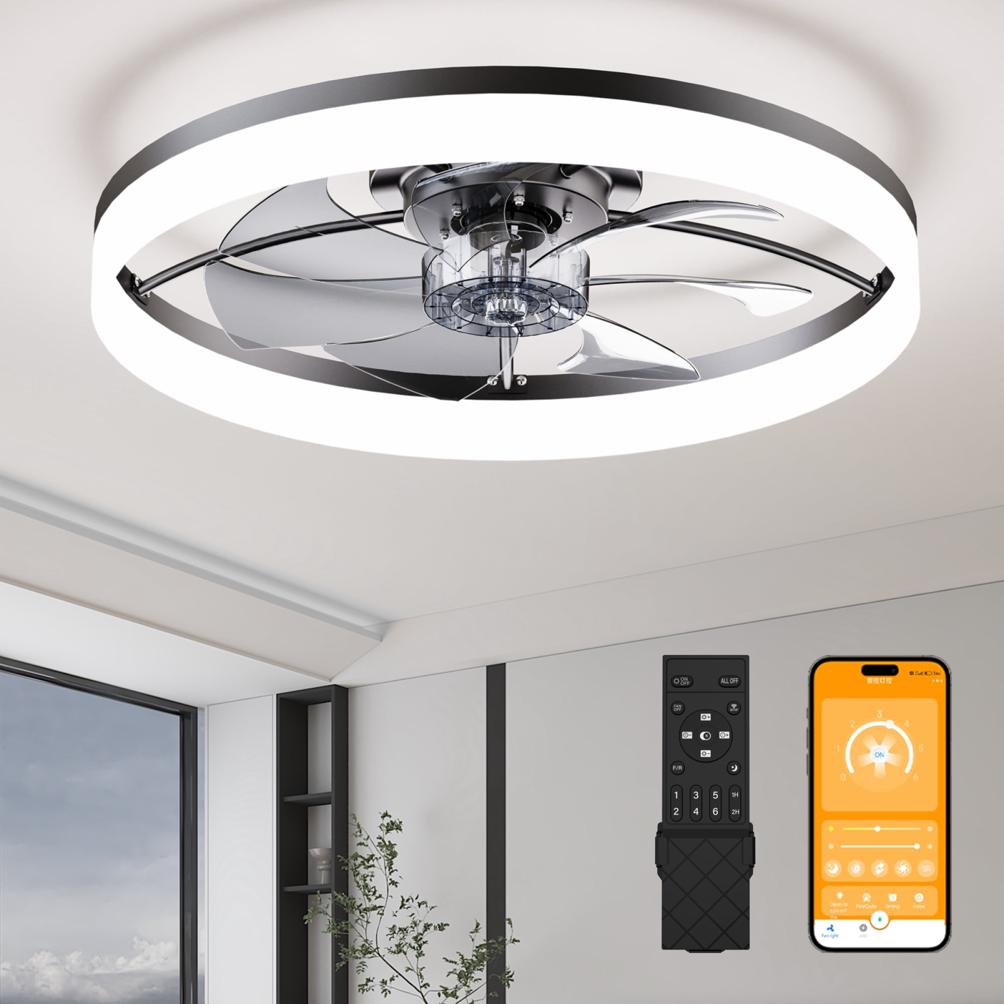 Leumius 23.6" LED Ceiling Fan Light with Remote and App Control, 6 Speeds, Dimmable Brightness, 3000K-6500K Color Temperature, Flush Mount Fandelier for Bedroom Black